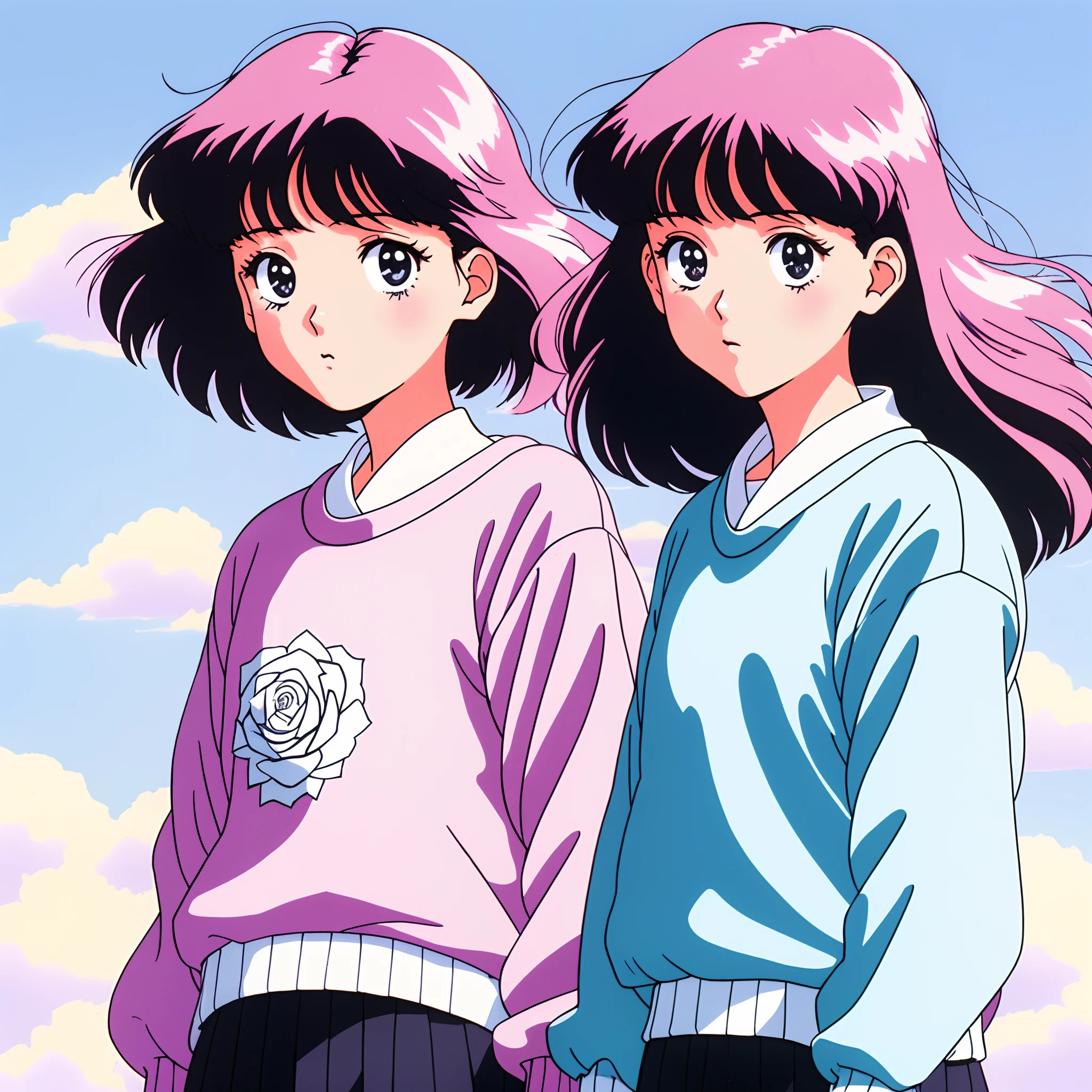 muted pastel colors, Retro anime, аниме 1990-х, 1980s anime, brushstrokes, 
1 girl, 1 girl, 1人, solo

masterpiece, beste-Qualit, 1girl, 独奏, kblack eyes, rose hair, White Sweater, closed mouth, Medium Hair, Simple background