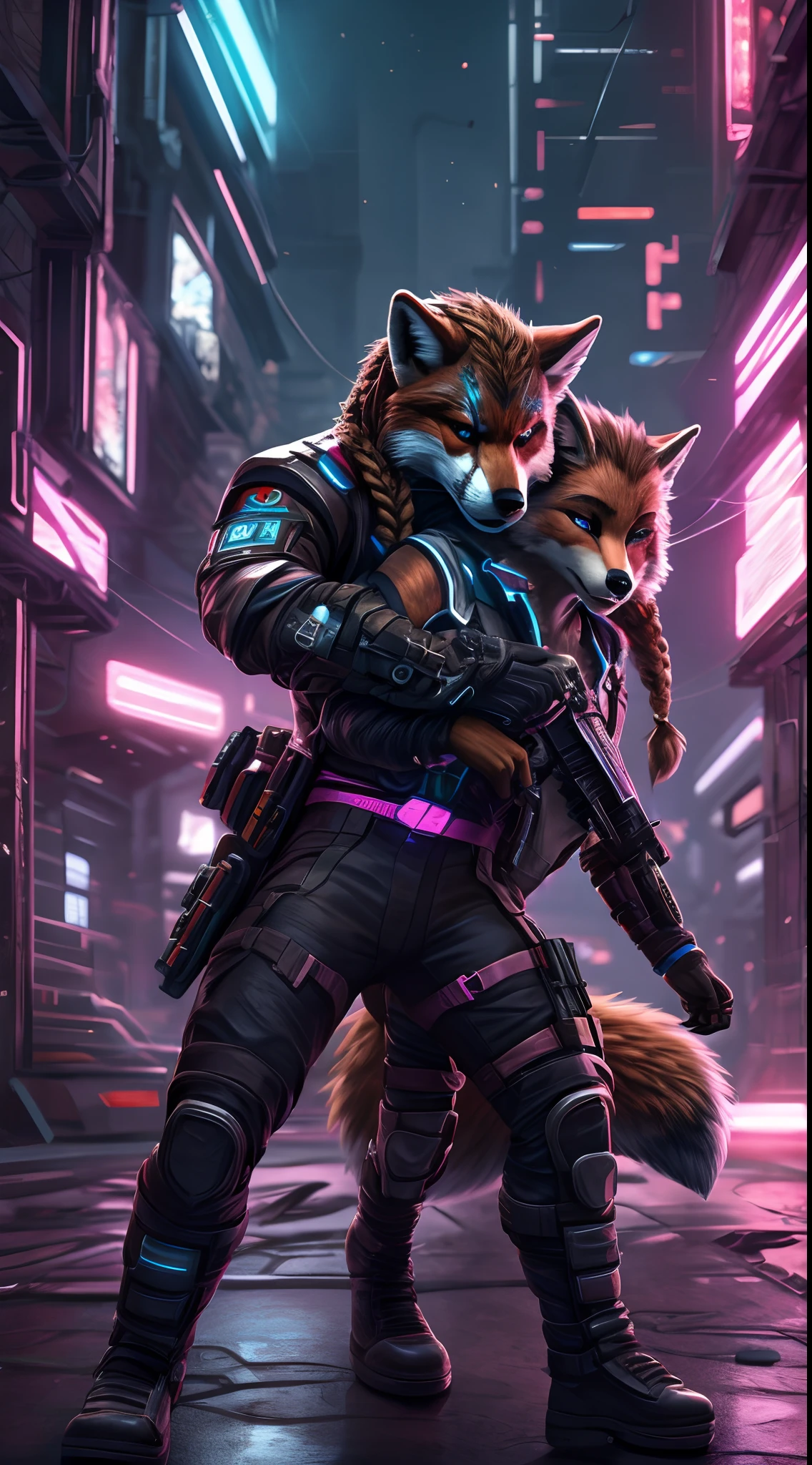 masterpiece, 2others, 1girl, 1man, 1couple, wolf and fox, (black wolf man with short hair), (brown fox girl with braided hair), (cyberpunk outfit), detailed person, action poses