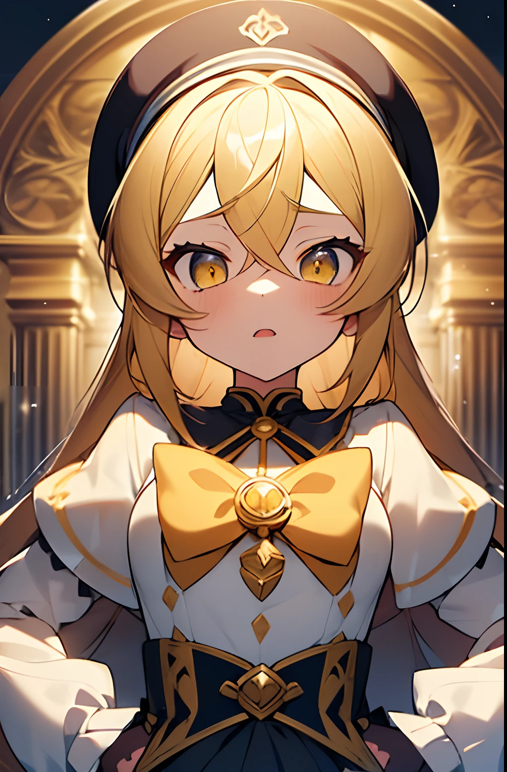 1girl. yellow hair.long hair.short stature. small breast.skirt. (((masterpiece))).(((best quality))).)((ultra-detailed))).(((illustration))). (((put your hands on your hips))).(((night view))).Magical girl costume.magic circles.open mouth.Sad face.beret
