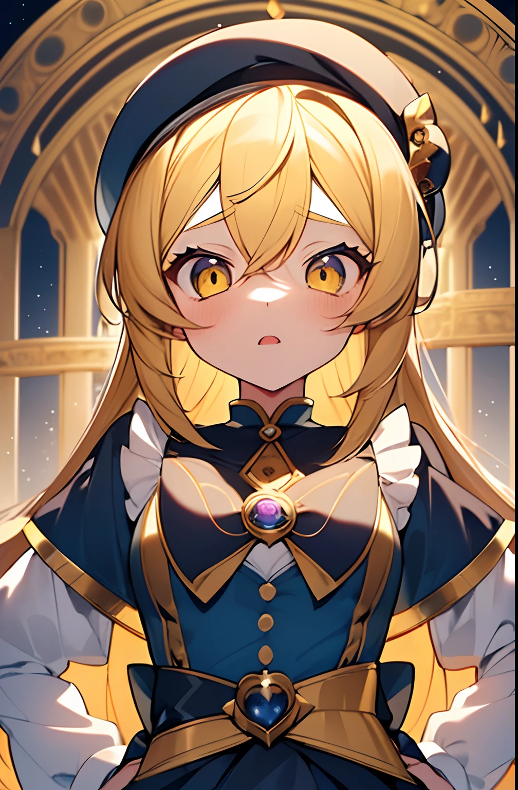1girl. yellow hair.long hair.short stature. small breast.skirt. (((masterpiece))).(((best quality))).)((ultra-detailed))).(((illustration))). (((put your hands on your hips))).(((night view))).Magical girl costume.magic circles.open mouth.Sad face.beret