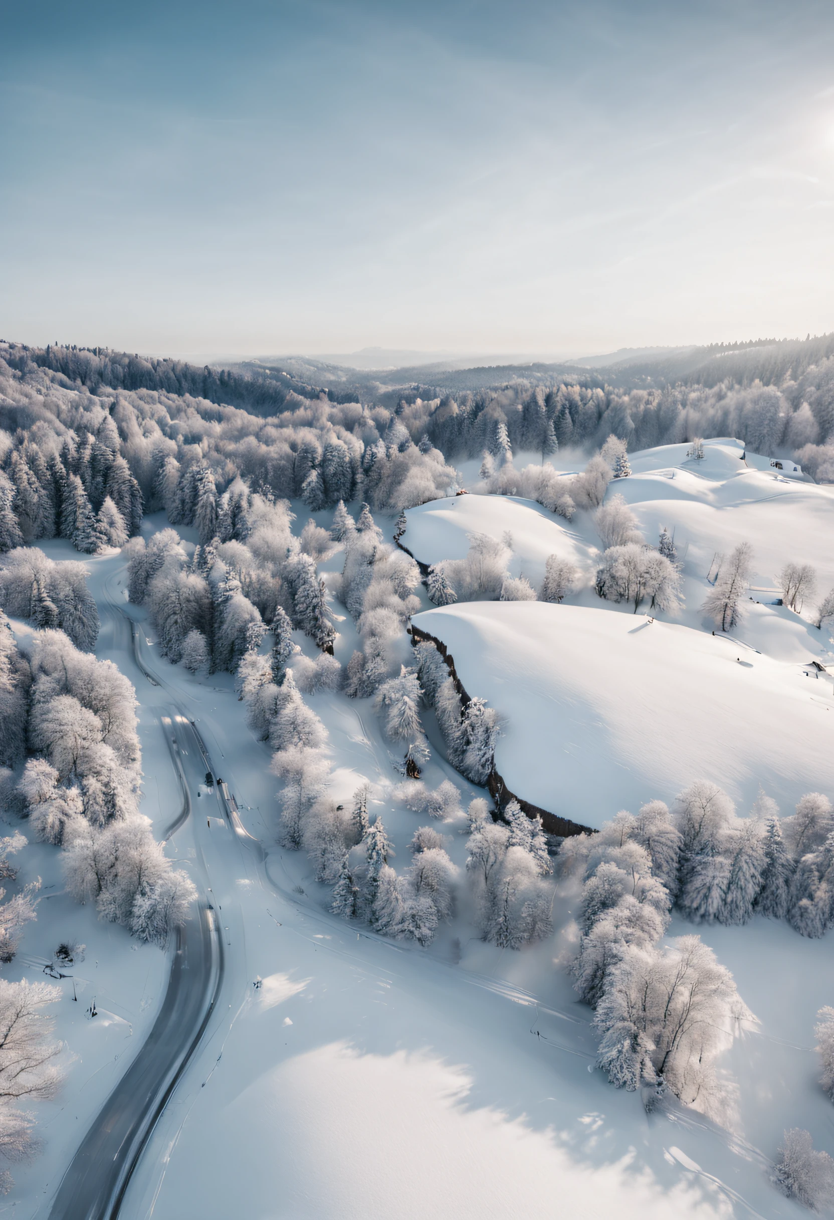 A snowy landscape that looks like it was taken with a drone