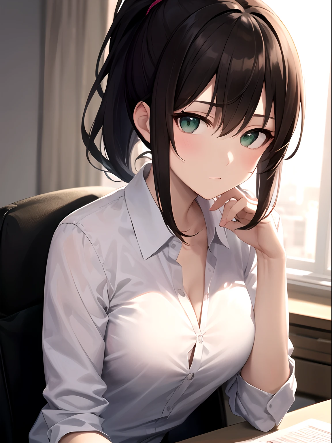 close up, upper body,sitting, looking at viewer, solo girl, 30 years old, medium hair, brown hair, ponytail, expressionless, dark green eyes, Large chest, office lady suit, One button open, office Room, Best Quality, High resolution, Extremely detailed, Detailed background, Perfect Lighting