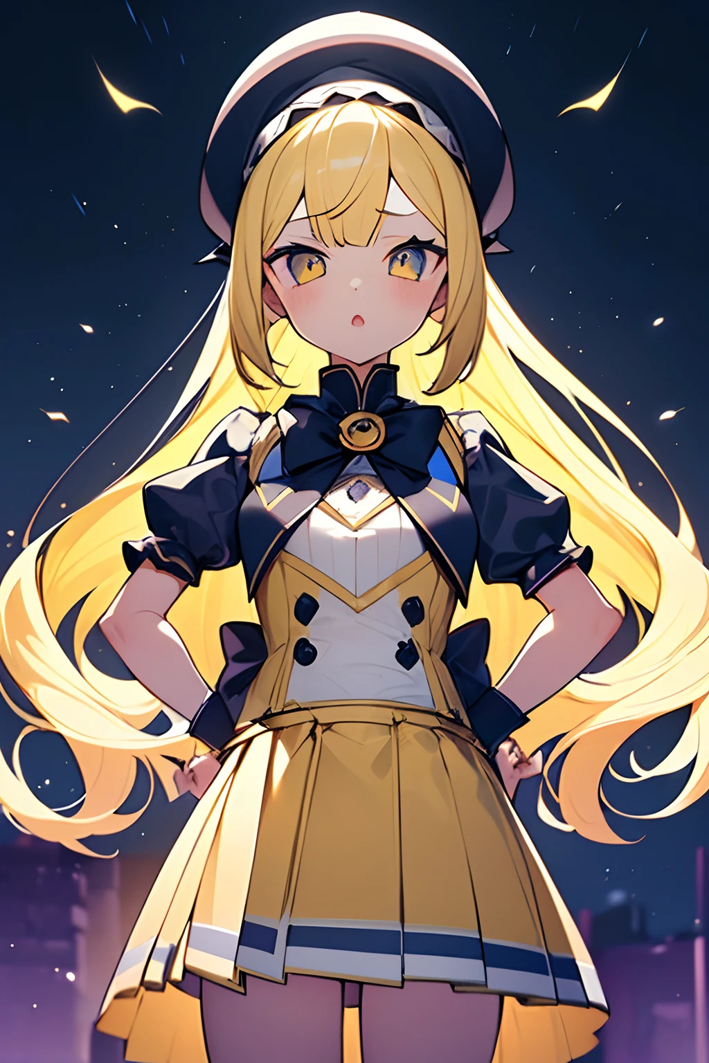 1girl. yellow hair.long hair.short stature. small breast.skirt. (((masterpiece))).(((best quality))).)((ultra-detailed))).(((illustration))). (((put your hands on your hips))).(((night view))).Magical girl costume.magic circles.open mouth.Sad face.beret