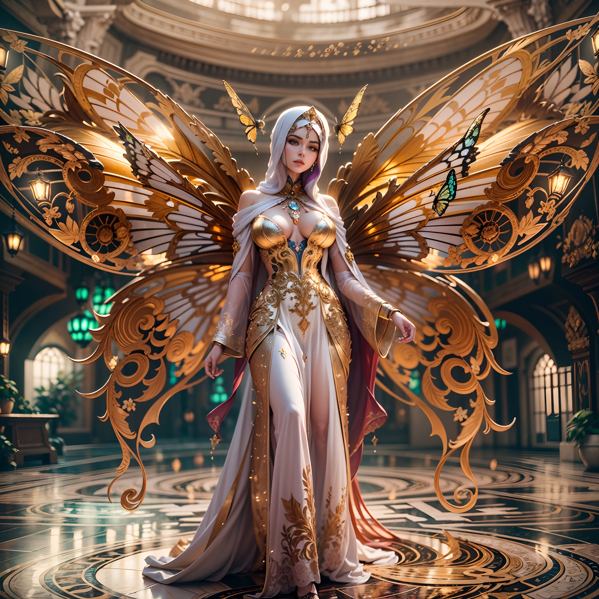 in a panoramic view，photorealestic，A beautiful woman dressed in a huge golden butterfly costume dances in the air，She is characterized by charming Ottoman decorative motifs，Luxury gemstones，High-tech mechanical butterflies，Huge beautiful wings adorned with diamonds，The huge wings are densely covered with extravagant ornaments，Huge butterfly，Fly over the Sky Gardens，State-of-the-art technology blends seamlessly with traditional Arabian luxury urban structures. This stunning work of art, Wear a gorgeous Arabic burqa，Arabian beauty covered in a golden veil，Perfectcomposition，the detail，The light and shadow work best，HighestQuali，This CG-rendered realistic painting gives a grand scene and visual impact，Let the viewer feel a wonderful and magnificent sci-fi world。Epic，detail-rich，It forms a spectacular sight，Use Pixai to bring powerful AI models to life, Show the limitless creativity and possibilities of our imagination. Experience the future of the cityscape at Pixai，Immerse yourself in a visionary world of art，the detail, Masterpiece, Best quality, 8K, (Oily skin, cell-shaded:1.3), line art in colour, (The art of Maciej Cuciara:1.15), art of greg rutkowski，Intricate details, finetextures, Surreal，Perfectcomposition，A detailed，Cinematic texture，realisticlying，photorealestic，HighestQuali，，Version tone mapping， highly  detailed， Smoothness， Sharp focus， Beautiful illustration， Epic effect，photore， The light from the back window is backlighted， 动态照明， Mist， 复杂， filmgrain， professinal，，Volumetriclighting， subsurfacescattering， Good highlights， Good shadows， cinematic ligh，Beautiful studio soft light，rim-light，ellegance，beatiful background，rendering by octane，HR Giger style，8K，top Quority，tmasterpiece，illustratio，smooth and beautiful，highly  detailed，CG wallpaper，（realisticlying，Fidelity：1.37），outstanding，Exquisite details，tmasterpiece
