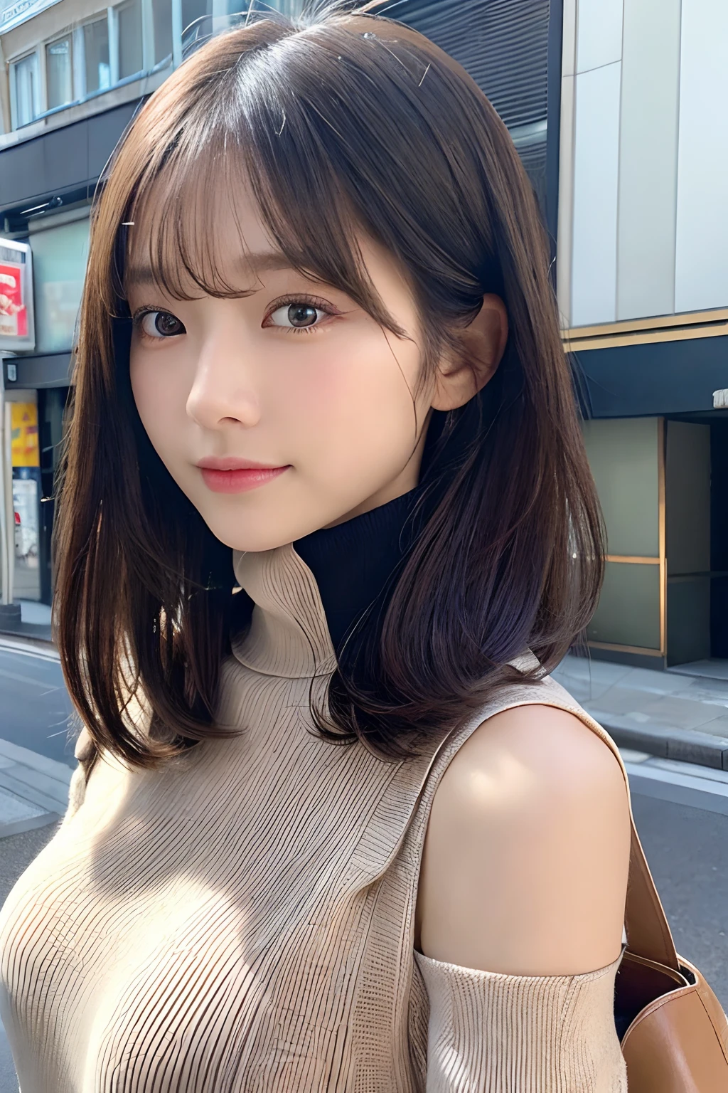 (Colossal tits、Turtleneck knitwear、Shoulder bag)、(top-quality,​masterpiece:1.3,超A high resolution,),(ultra-detailliert,Caustics),(Photorealsitic:1.4,RAW shooting,)Ultra-realistic capture,A highly detailed,high-definition16Kfor human skin、 Skin texture is natural、、The skin looks healthy with an even tone、 Use natural light and color,One Woman,japanes,,kawaii,A dark-haired,Middle hair,(depth of fields、chromatic abberation、、Wide range of lighting、Natural Shading、)、(Hair swaying in the wind:1.2)、Streets of Tokyo