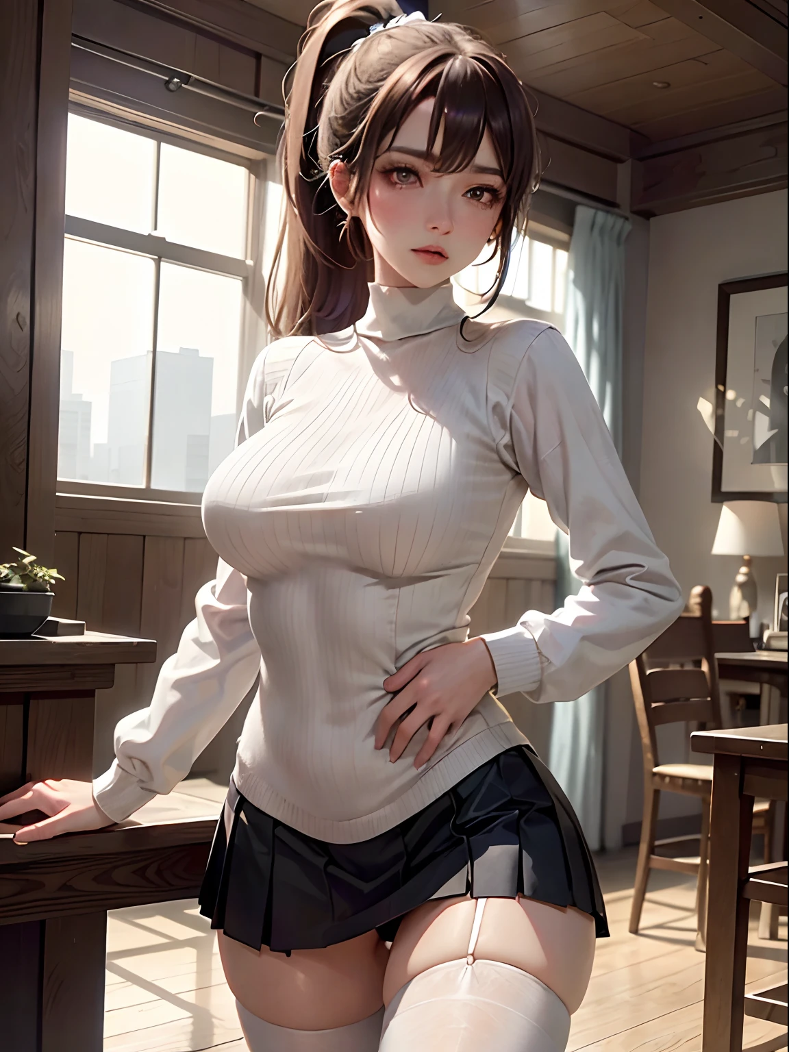 1girl in, delicate and beautiful face, get blush, Purple pupils，Golden hair，length hair，High Ponytail，angry, Parting lips, Plump chest，Convex buttocks，white turtleneck knit vest, Black short skirt，white  panties，White legwear，Perfectly proportioned, Detailed clothing details, inside in room，There are men around，Cinematic lighting, film grains, Fujicolor, light and darkcontrast, 8K, ​masterpiece, Textured skin, Super Detail, detaileds, High quality, high resolusion,