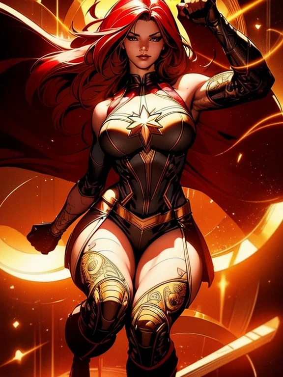 8k_wallpaper, extremely detailed eyes, extremely detailed body, (large masterpiece digital art), (detailed manga illustration), (detailed line art), ((perfect anatomy)), (intricate details:1.3), (ultra-detailed:1.3), (illustration:1.3), (sharp focus:1.3), (natural lighting:1.05), (vivid colors:1.3), (masterpiece), (best quality:1.4), (perfect anatomy:1.4), high quality, expressive eyes, full body, detailed face, beautiful face, perfect face, 1 girl, breasts, cleavage, gloves, huge breasts, cyberpunk clothes, jacket, black jacket, very long hair, thigh length hair, ({dark skin}), dark-skinned female ,detailed ((red hair)), messy hair, green eyes, hourglass physique, bodysuit, ultramarine bodysuit, sleeveless, shorts, thick thighs, toned, captain marvel emblem, emblem, superhero, dynamic lighting, 4k resolution, dynamic heroic pose, smiling, outer space background, curvy,
