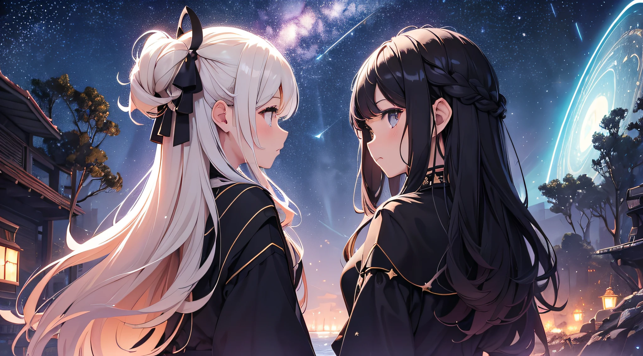 masterpiece、one girls((a beauty girl、doress、Rear view、hair adornments、Twin-tailed))、Background with((Fantastic starry sky、meteors、black hole))、Giant Tree、Fantastic、Luminescent