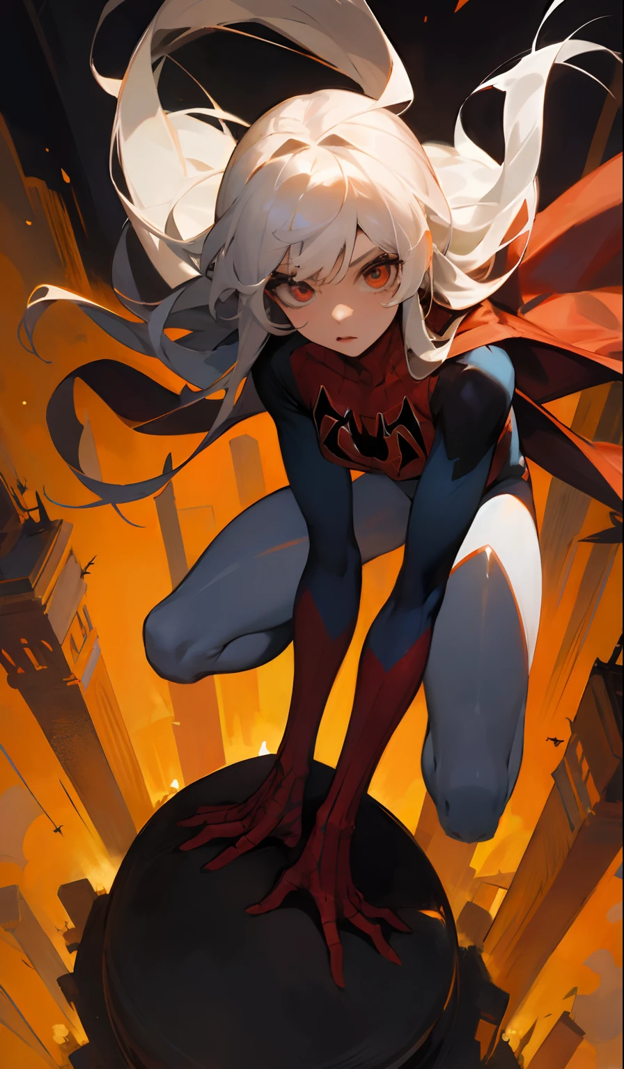 there's a girl on top of town，wearing Spider-Man costume，with long white hair，The entire figure is shown in the painting