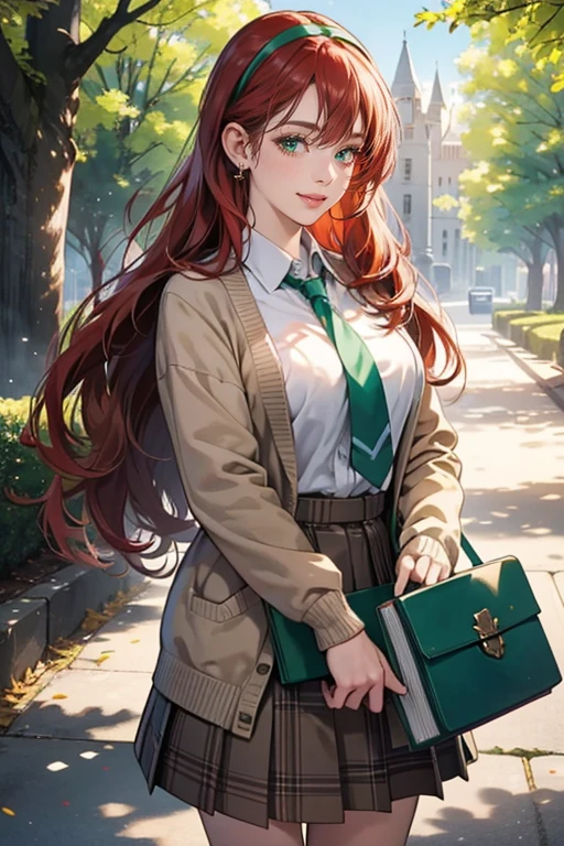(tmasterpiece,high resolution,ultra - detailed:1.0),1 girl,(adult female), eyes looking to camera,Perfect female body, Delicate eyes and delicate face,Extremely detailed CG,Unity 8k wallpaper,Complicated details, solo person, Detailed face, (cardigan,plaid skirt,beige hair,hair band,Holding book),hogsmeade,out door,Flowers and trees,color difference, Depth of field,dramatic shadow, Ray tracing, Best quality, Cinematic lighting, official art, grey plaid uniform with green necktie, sharp green eyes, very long flowing red hair tied into half up-do, smiling at the viewer, holding a brown satchel, plump juicy lips, normal size breast