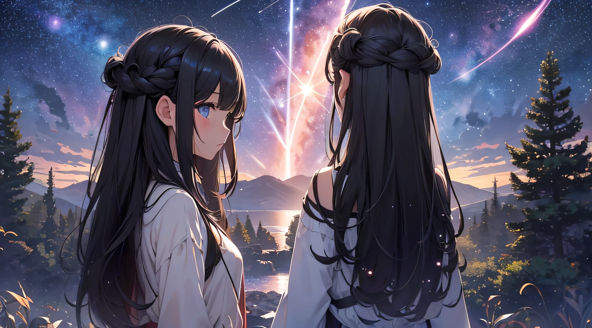 masterpiece、one girls((a beauty girl、doress、Rear view、hair adornments、Twin-tailed))、Background with((Fantastic starry sky、meteors、black hole))、Giant Tree、Fantastic、Luminescent