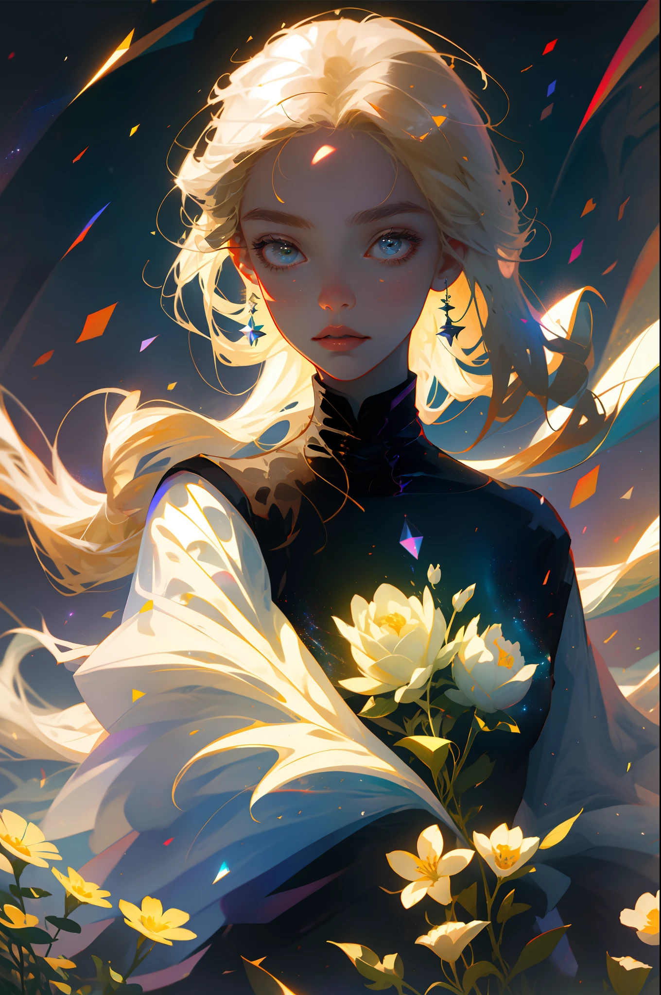 (best quality, masterpiece), 1girl, pose, particle, wind, flower, upper body, simple background, looking at viewer, blonde, galaxy,