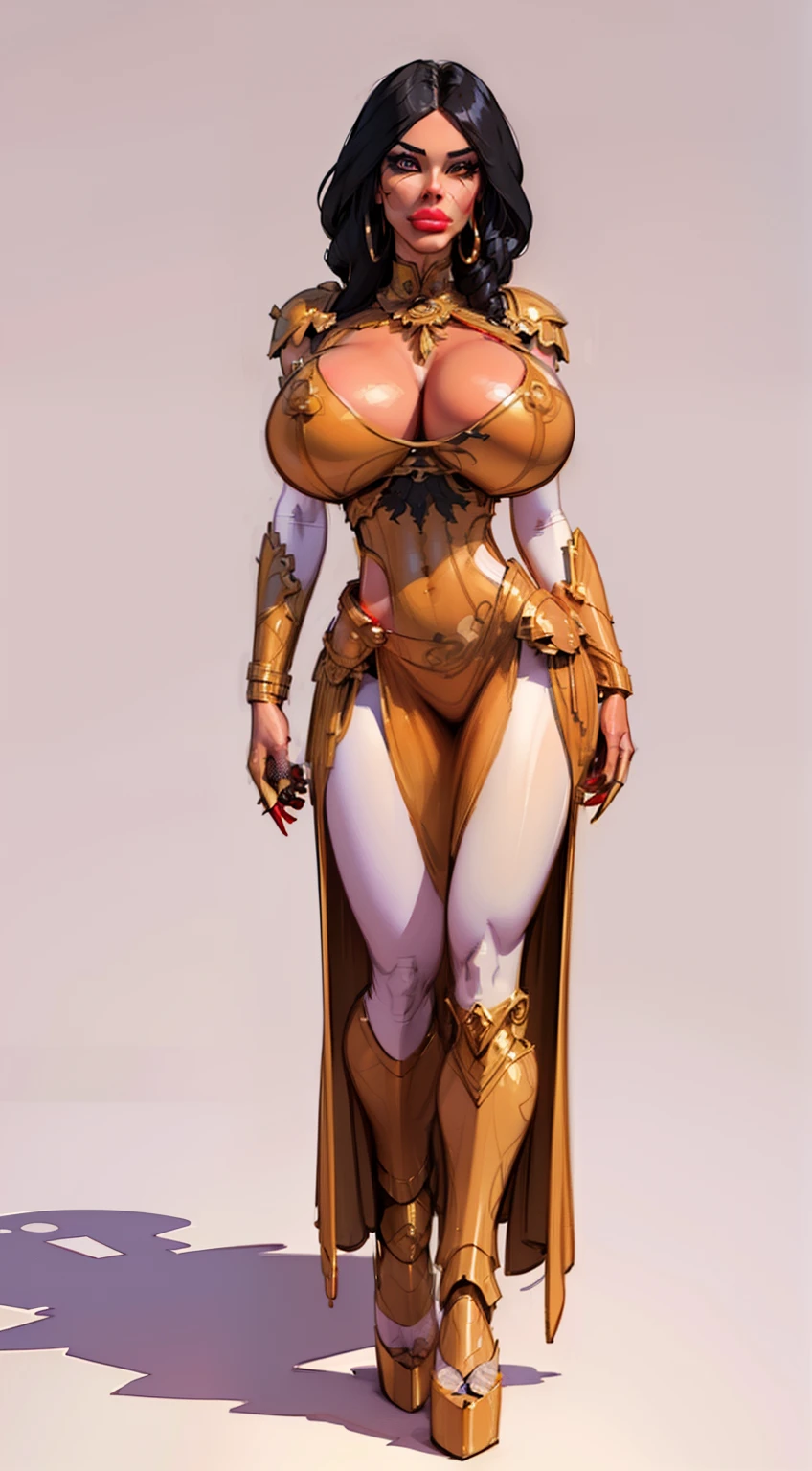 ((masterpiece)),(((best quality))),((character design sheet)), ((full body view)) ((cyberpunk empress)) mature face, ((middle eastern eyes:1.4)), ((gold cybernetic gown)), (((intricate futuristic breastplate))), defined cheekbones, high cheekbones, illustration, muscular, ((cyber gold:1.4)), sexy bimbo, (gigantic breasts:1.7) black hair, ((detailed face:1.4)) beautiful woman, (Chinese:1.4) (white skin:1.4) , (red lipstick:1.4), shiny skin, scribbles and marks,(puffy lips:1.4) , rough sketches, pose, 8k,16k, (simple background, white background: 1.3) ((warm color palette)), ((cyberpunk aesthetic))