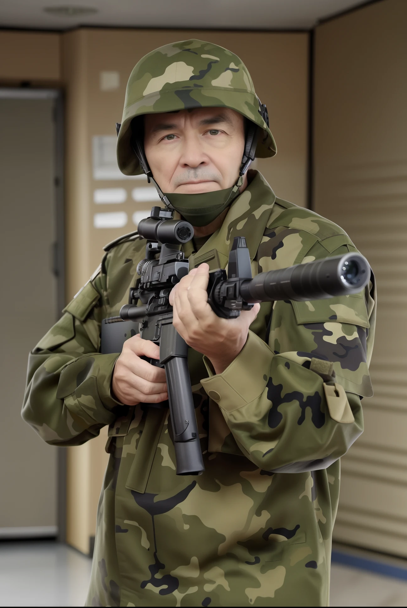 a close up of a man in a camouflage uniform holding a gun, holding rifle, holding a rifle, wearing a military uniform, military gear, camouflaged gear, carrying rifle, military, wearing a military uniform, military soldier behavior, airsoft cqb, wielding an assault rifle with suppressor, military weaponry, shoulder mounted gun, man carrying a rifle, modern military gear, load bearing vest, norad, military computer room backdrop, computer screens, tactical room, digital maps, age 57, general