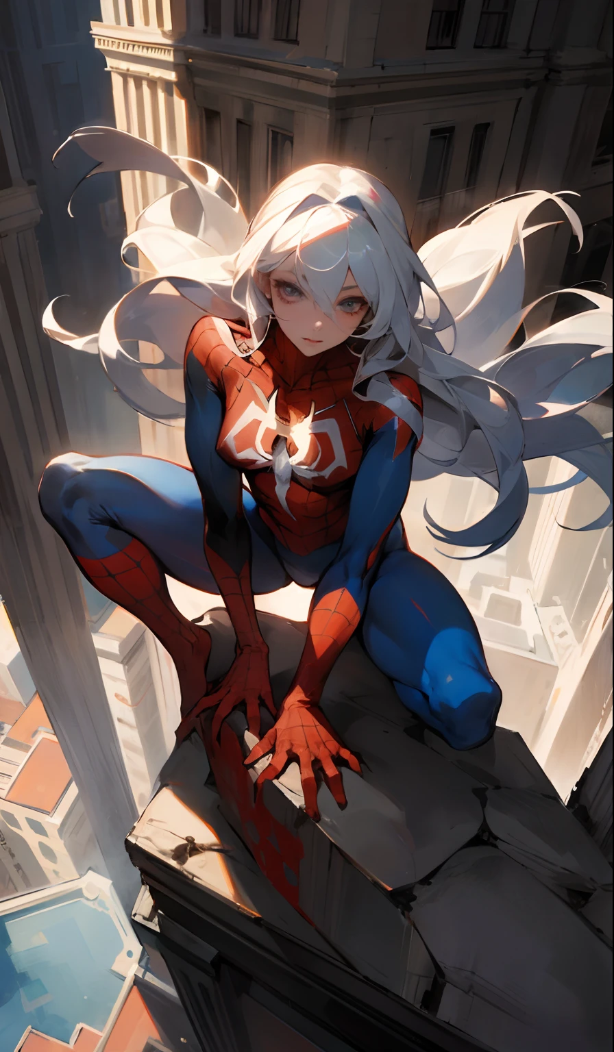 there's a girl on top of town,wearing Spider-Man costume,with long white hair,The entire figure is shown in the painting