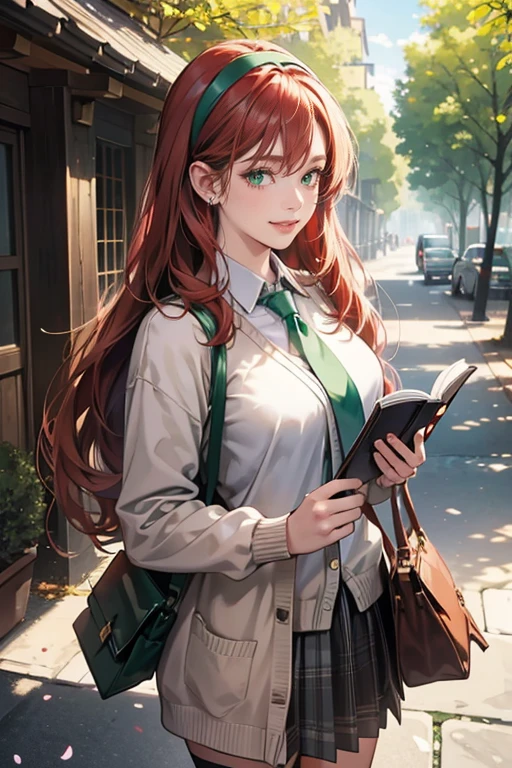 (tmasterpiece,high resolution,ultra - detailed:1.0),1 girl,(adult female), eyes looking to camera,Perfect female body, Delicate eyes and delicate face,Extremely detailed CG,Unity 8k wallpaper,Complicated details, solo person, Detailed face, (cardigan,plaid skirt,beige hair,hair band,Holding book),hogsmeade,out door,Flowers and trees,color difference, Depth of field,dramatic shadow, Ray tracing, Best quality, Cinematic lighting, official art, grey plaid uniform with green necktie, sharp green eyes, very long flowing red hair tied into half up-do, smiling at the viewer, holding a brown satchel, plump juicy lips, normal size breast
