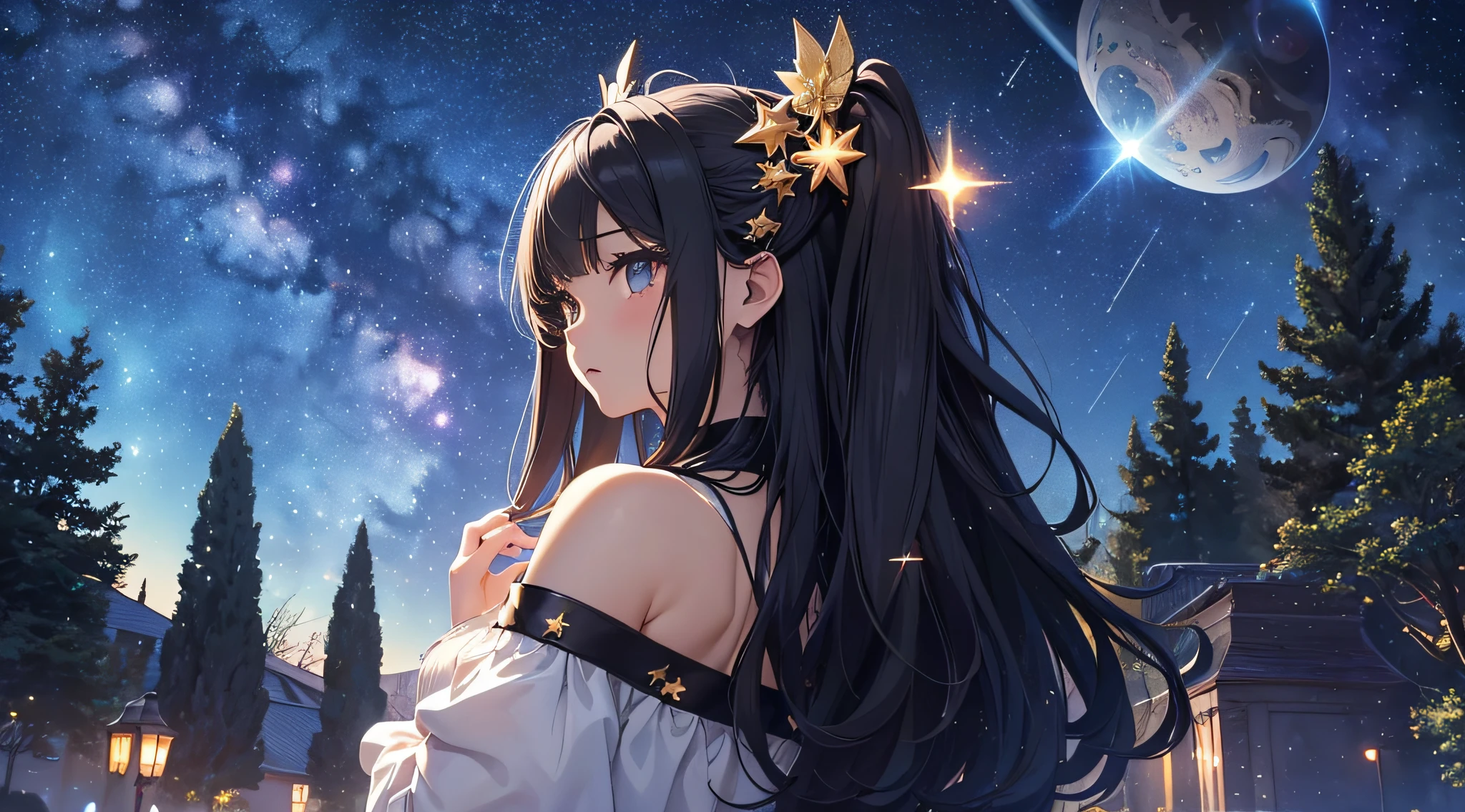 masterpiece、High Detailed Girls((a beauty girl、onepiece、Rear view、Highly detailed hair ornament、Twin-tailed))、Background with((Fantastic starry sky、meteors、black hole))、Depth((Giant Tree、Fantastic、Luminescent))、