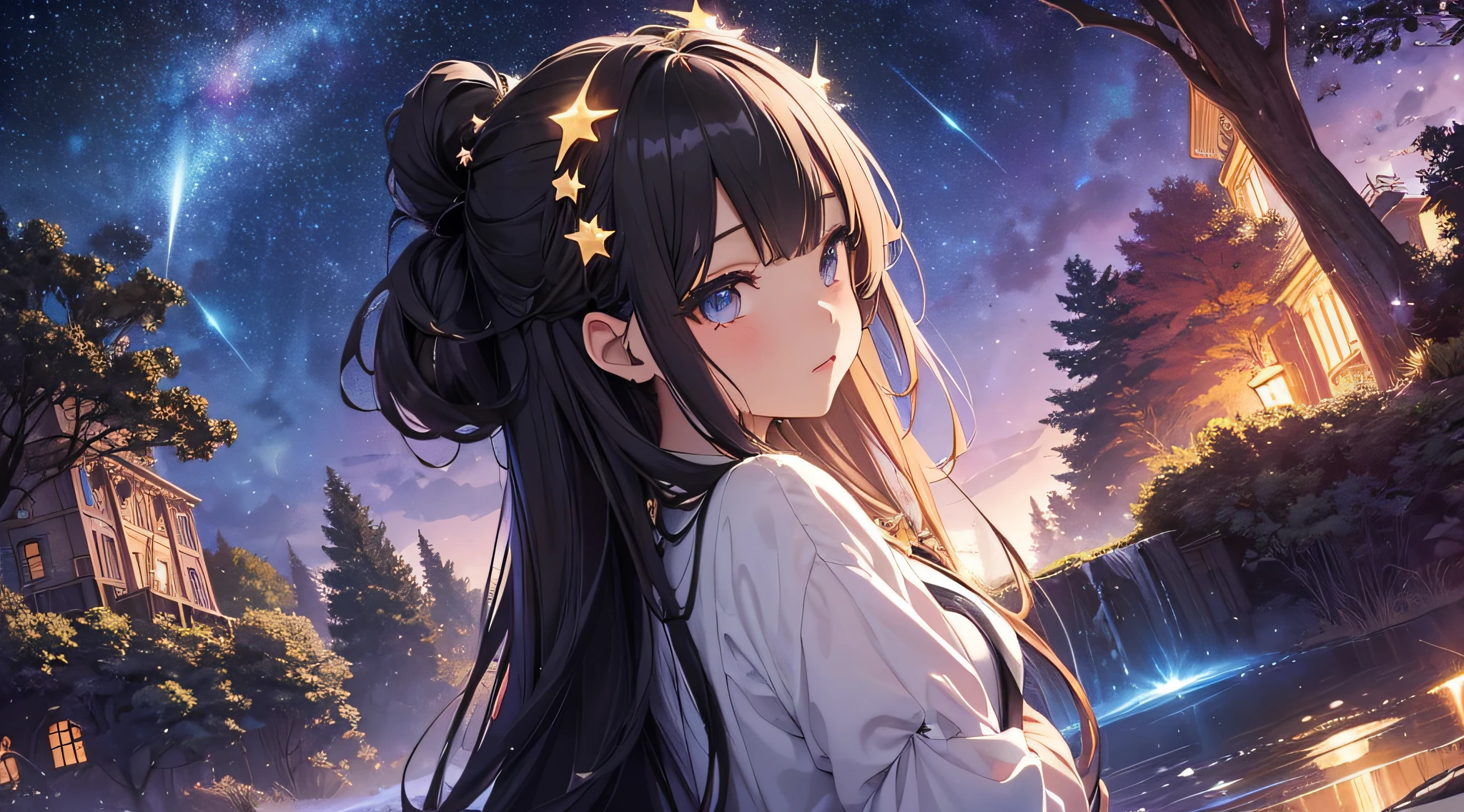 masterpiece、High Detailed Girls((a beauty girl、onepiece、Rear view、Highly detailed hair ornament、Twin-tailed))、Background with((Fantastic starry sky、meteors、black hole))、Depth((Giant Tree、Fantastic、Luminescent))、