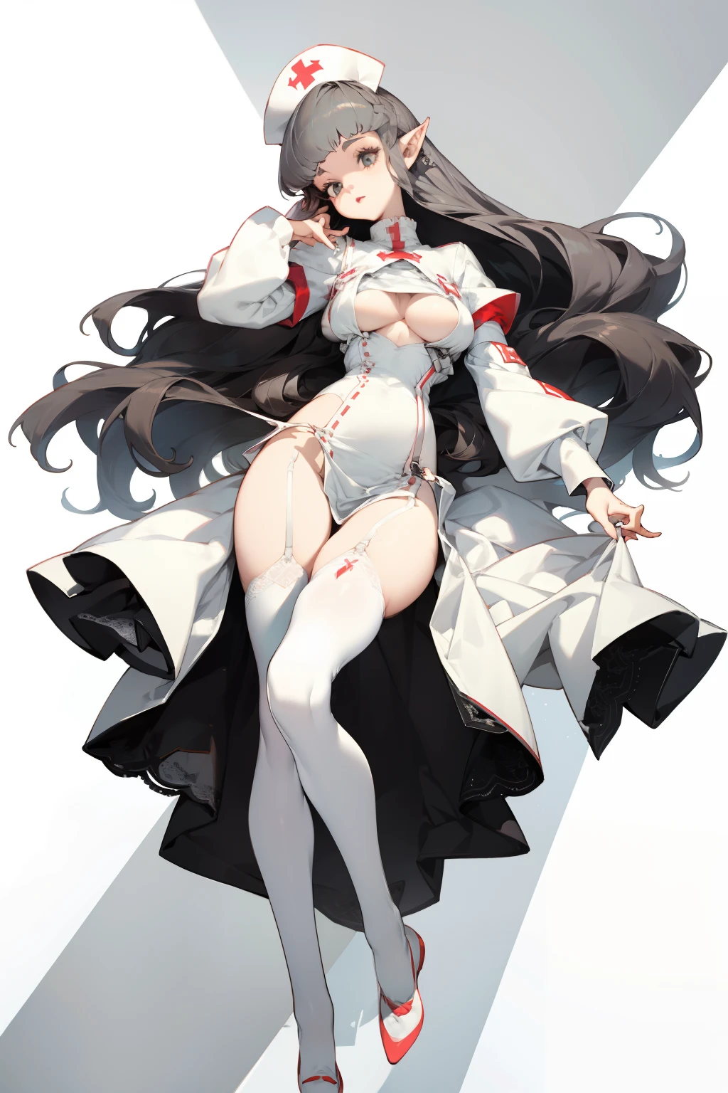 pointy ears,Bigboobs,Two legs(Princess cut hairstyle),long whitr hair,Sideburns have long hair,upper legs,white nurse outfit,White nurse's uniform,White knee-length stockings,Lace suspenders,