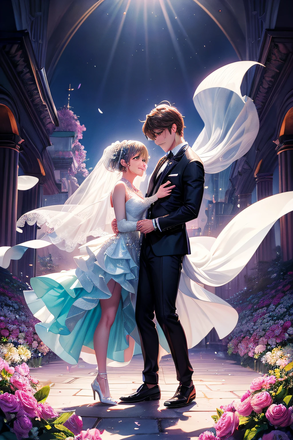 Male and female combinations, Wedding dress, HD, solid color backdrop, Cartoon, Anime style, Full body portrait，Male and female synchronization，Wedding scene complex beautiful wedding dresses， Multi-layered skirt，high-definition portrait ， hugs，grin face，Full body like，intimacy，best qualtiy，tmasterpiece，Aquamarine-like eyes，full bodyesbian，(best qualtiy，hyper-detailing)，(best illuminate，best shadow，Extremely Delicately Beautiful)，dynamic angle，depth of fields，(blooms)，(shine)，(solo)，llight rays，optimum，opulent，Colorful，Movie Angle，adolable，（Frontal face 1.3）