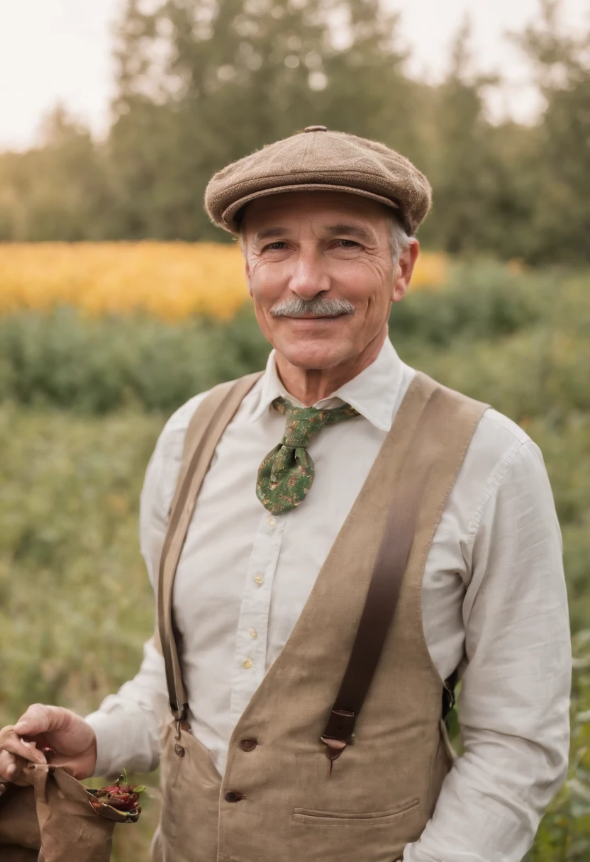 A photo of Mayor Lewis holding a glazed yam, a cup of green tea, and a hot pepper.,Stardew Valley,He wears a tan newsboy cap. He is old and has a big grey mustache. He is a white man. He wears a green button up top with a yellow necktie. He wears brown suspenders and brown pants.