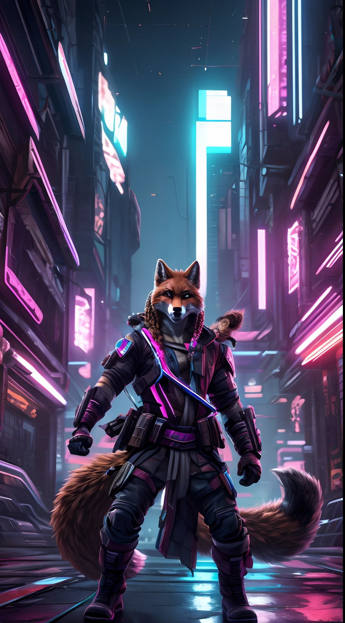 masterpiece, 2others, 1girl, 1man, 1couple, wolf and fox, (black wolf man with short hair), (brown fox girl with braided hair), (cyberpunk outfit), detailed person, action poses