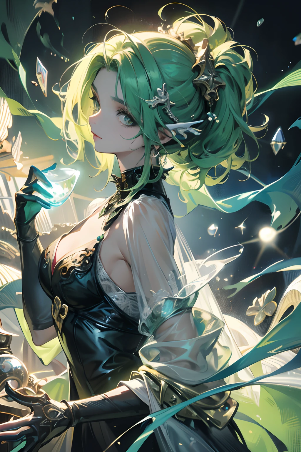 One cute dragon girl (18-year-old), (black glassy skin:1.1), Machine body, black eyes, Upper body, slim waist, natural small breasts, sexy pose, fascinating look, bangs, random hairstyle, cleavage, belly button, collar, collarbone, off shoulder, enchanting smile, Wear hot and sexy outfits with intricate details, Dragon Costume, olive, random light color, whole body. flat gray color for background