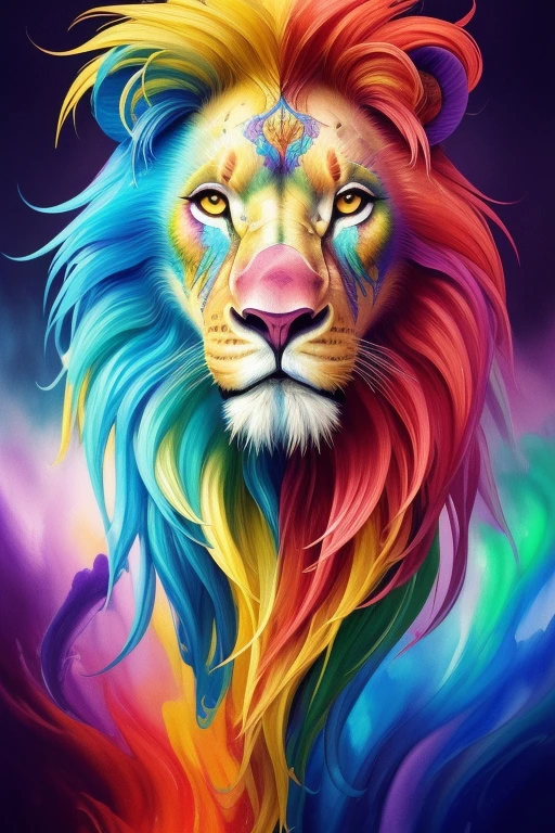 Colorful lion: A 28-year-old Giru, oil painting, perfect feathers, blue yellow colors, light purple and violet additions, light red additions, intricate details, welcome screen, 8k resolution, masterpiece, artstation digital painting Very smooth ink flow: 8k resolution Photorealistic masterpiece: Intricately detailed fluid gouache painting: by Jean Baptiste Mongue:  Calligraphy: Acrylic: Watercolor Art, Professional Photography, Daylighting, Maximalist Volumetric Lighting Photoillustration: by Marton Bobzert:, Complex, Elegant, Expansive, Fantastic, Vibrant, Best Quality Details, Realistic, High Definition, High Quality Texture, Epic Lighting, Motion Picture Still, 8k, Soft Lighting, Anime Style, Masterful Playing Card Edge, Random Colorful Art, Oil Painting, Blue Yellow Colors, Purple Color Additions  clear and violet, light red additions, intricate details, welcome screen, 8K resolution, masterpiece, artstation digital painting Very smooth Black ink flow: 8K resolution Photorealistic masterpiece: intricately detailed fluid gouache painting: by Jean Baptiste Mongue: Calligraphy: acrylic: watercolor art, professional photography, natural lighting, volumetric lighting Maximalist photoillustration: by Marton Bobzert:, complex,  Elegant, expansive, fantastic, vibrant