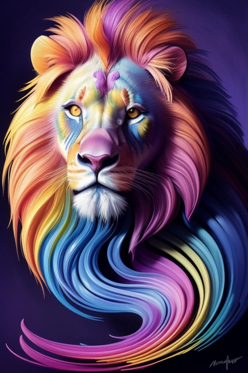 Colorful lion: A 28-year-old Giru, oil painting, perfect feathers, blue yellow colors, light purple and violet additions, light red additions, intricate details, welcome screen, 8k resolution, masterpiece, artstation digital painting Very smooth ink flow: 8k resolution Photorealistic masterpiece: Intricately detailed fluid gouache painting: by Jean Baptiste Mongue:  Calligraphy: Acrylic: Watercolor Art, Professional Photography, Daylighting, Maximalist Volumetric Lighting Photoillustration: by Marton Bobzert:, Complex, Elegant, Expansive, Fantastic, Vibrant, Best Quality Details, Realistic, High Definition, High Quality Texture, Epic Lighting, Motion Picture Still, 8k, Soft Lighting, Anime Style, Masterful Playing Card Edge, Random Colorful Art, Oil Painting, Blue Yellow Colors, Purple Color Additions  clear and violet, light red additions, intricate details, welcome screen, 8K resolution, masterpiece, artstation digital painting Very smooth Black ink flow: 8K resolution Photorealistic masterpiece: intricately detailed fluid gouache painting: by Jean Baptiste Mongue: Calligraphy: acrylic: watercolor art, professional photography, natural lighting, volumetric lighting Maximalist photoillustration: by Marton Bobzert:, complex,  Elegant, expansive, fantastic, vibrant