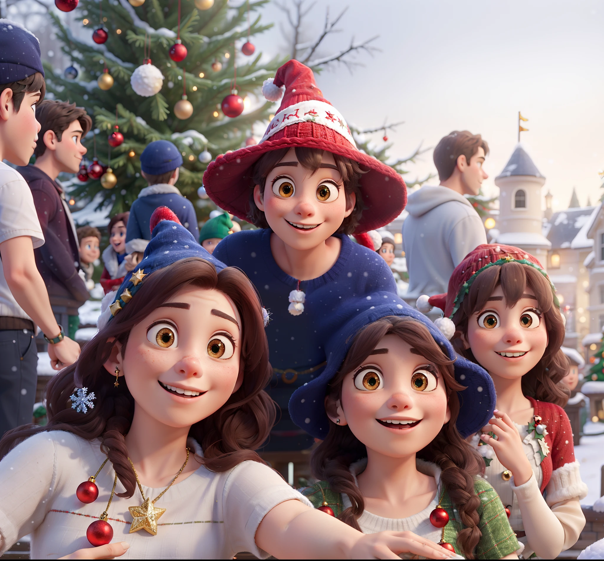 hd, (best details), (best quality), disney style, happy, masterpiece, best quality, high resolution, christmas, lights, snow, young people, (((red Christmas hat))) Christmas decoration,there are many people that are posing for a picture together,