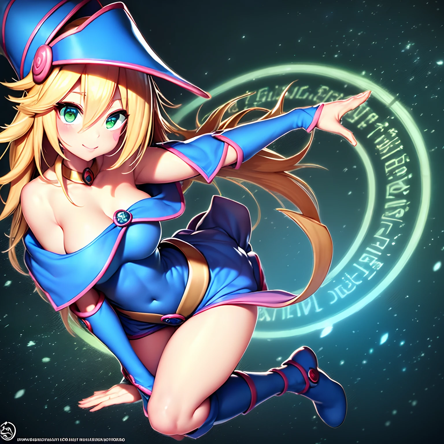 dark sorceress, dark sorceress, blonde  hair, choker necklace, (green colored eyes:1.5), The long-haired, BREAK bare shoulders, red blush, blush stickers, bodyguard, 鎖骨, Duel Monsters, ha, Trimmed shoulders, pentacle, Sorcerer's hat, (blue clothing:1.5), REST looking at the viewer, Outdoor Rest, 城市, Romper (​masterpiece:1.2), best qualtiy, High resolution, Unit 8K Wallpapers, (diagrams:0.8), (beatiful detailed eyes:1.6), extra detailed face, Perfect Lighting, extremely details CG, (perfect hand, Perfect Anatomy), Young look, (Magic circle in the background:1.3), (1girll:1.3), (are small:1.3), Face Focus, (I'm laughing out loud:1.3)