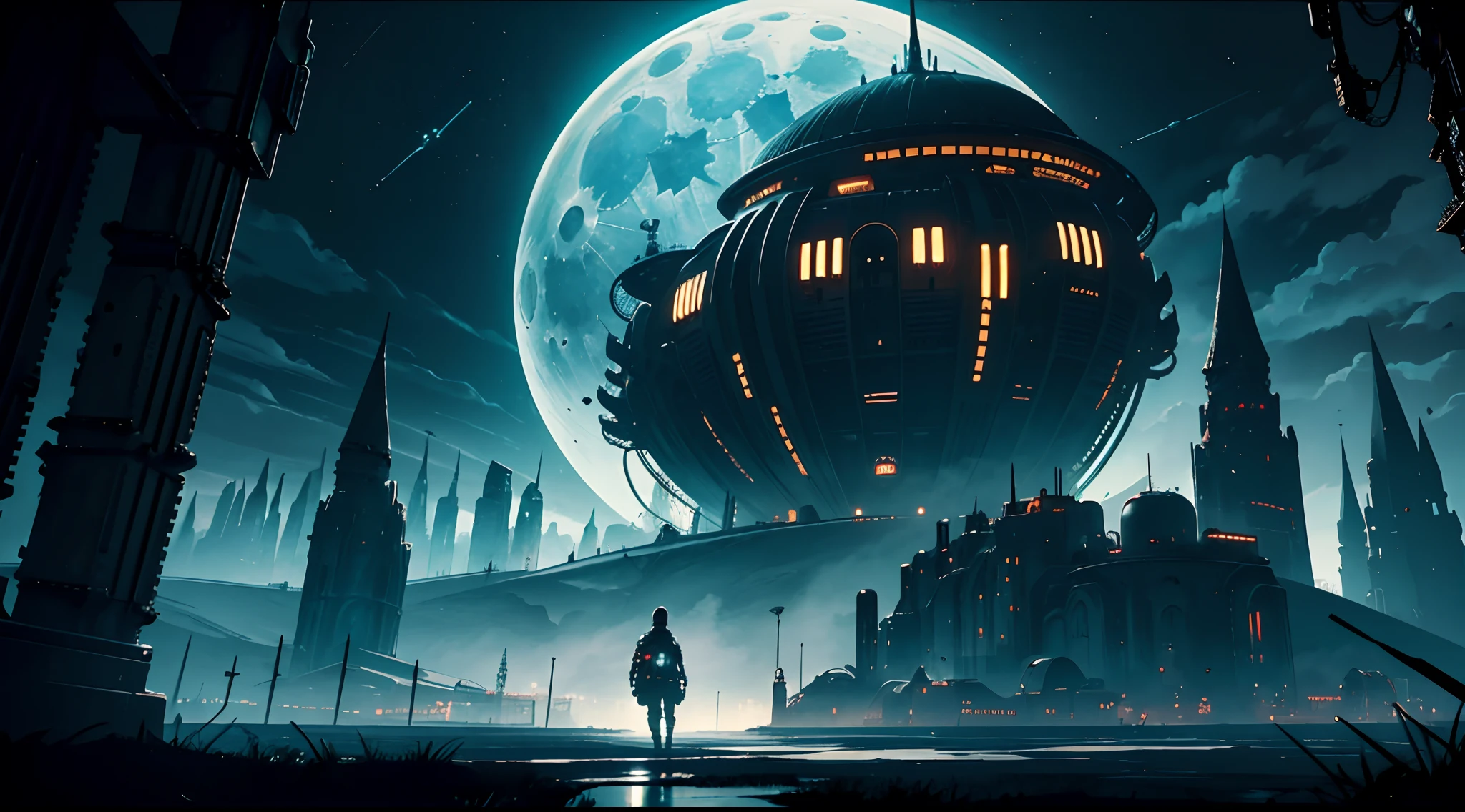 Dark Fantasy, fantastic scenery, highly detailed landscape, moonlight, alien city SF future, dark art, Dystopian atmosphere, A different world that is both mechanical and retro, land like cappadocia, Weird architecture in the style of Gaudi, light from building windows, A cityscape like the old movie Metropolis, dark sky, Overcast sky, grey sky, Huge analog synthesizer wave, A mechanized anime girl like an analog synthesizer exists small in the background., view sky