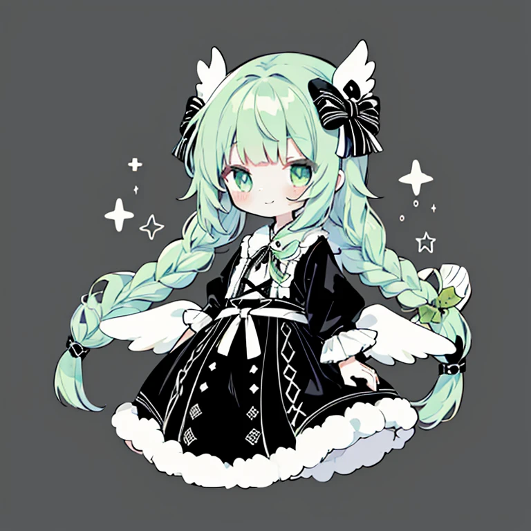 Transparent watercolor,girl,Jewel Eyes,Beautiful arrangements and motifs、A slight smil、(limited palette:1.1), kawaii, (Flat color:1.1), Lo-Fi Hip Hop, chillhop, Fantasy, (Solo:1.3), (Lori,Chibi:1.1), , floating, Long hair, (Fluffy dress with black base:1.1)、lots of ribbons、Black ta、Angel wings、green colored hair、Braid hair、Black mass-produced clothes、(Hairstyle braid:1.0)、(Single braid:1.2)、Full body illustration、facing front、depth of fields、small angel wings、background heaven、beatiful backgrounds