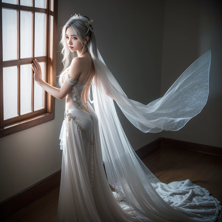 （best qualtiy，8K, Yes，tmasterpiece：1.3），（Hyper Real）， （illustratio）， （A high resolution）， （8K）， （The is very detailed）， （Most Best Illustration）， （beatiful detailed eyes）， （best qualtiy）， （ultra - detailed）， （tmasterpiece）， （Wallpapers）， （详细的脸），ssmile，Pure and sweet，（Coiled hair），Highly detailed face and skin，White-haired fairy whirlwind，1 rapariga，The gray hair is beautifully bleached，China-style，The antique element fairy costume is high open and sexy collarbone，Smooth shoulders，Saturated light，edge lit，The light from the back window is backlighted， cinematic ligh，Full body photo of Chinese fairy，Chinese ancient fairyland