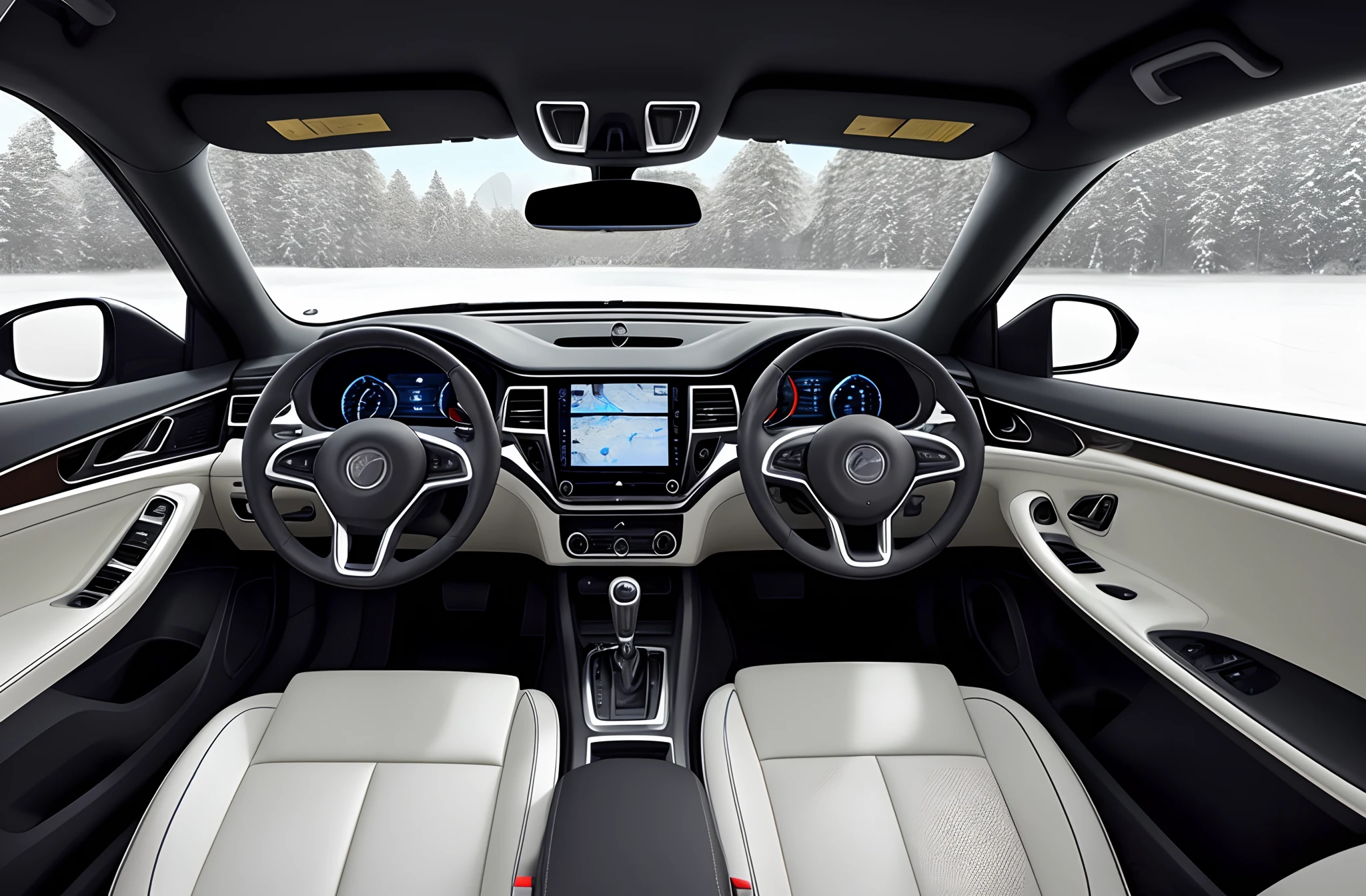 Close-up of car dashboard with steering wheel and touch screen, the console is tall and imposing, glowing blue interior components, inside car, inside a grand, nanquan, conceito, indoor background, Highly detailed interior, full view of a car, 🦑 designs, F 2. 0, ji-min, efficiently, Advanced technology,and the sun was shining brightly,White rendering,The whole is milky white,sealed leather,Super detailed textures,Dark gray sealed leather,dark gray sealskin,Dark gray sealed leather,sealed leather