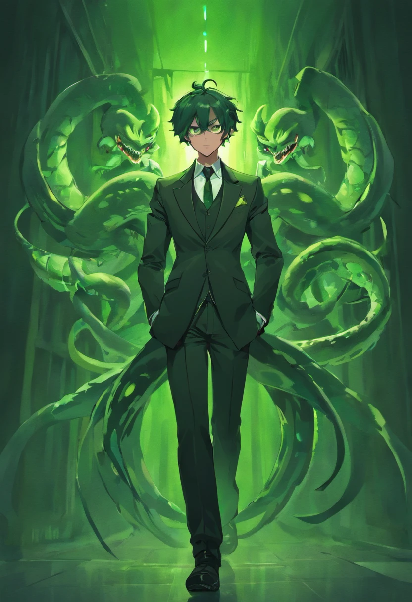 8K, Best Quality, Masterpiece, Ultra High Resolution, (masterpiece, best quality, high quality), male anthro fish demon monster, bipedal, tiny black top hat, vest jacket, dress pants, sophisticated, wide toothy grin, sharp teeth, slimy body, fat, tall stature, wide body, obese, dark, in shadows, solo, wide head, no neck, dark green skin, big head, dark alleyway, cyberpunk city, kingpin outfit, very long dark green tentacle moustache