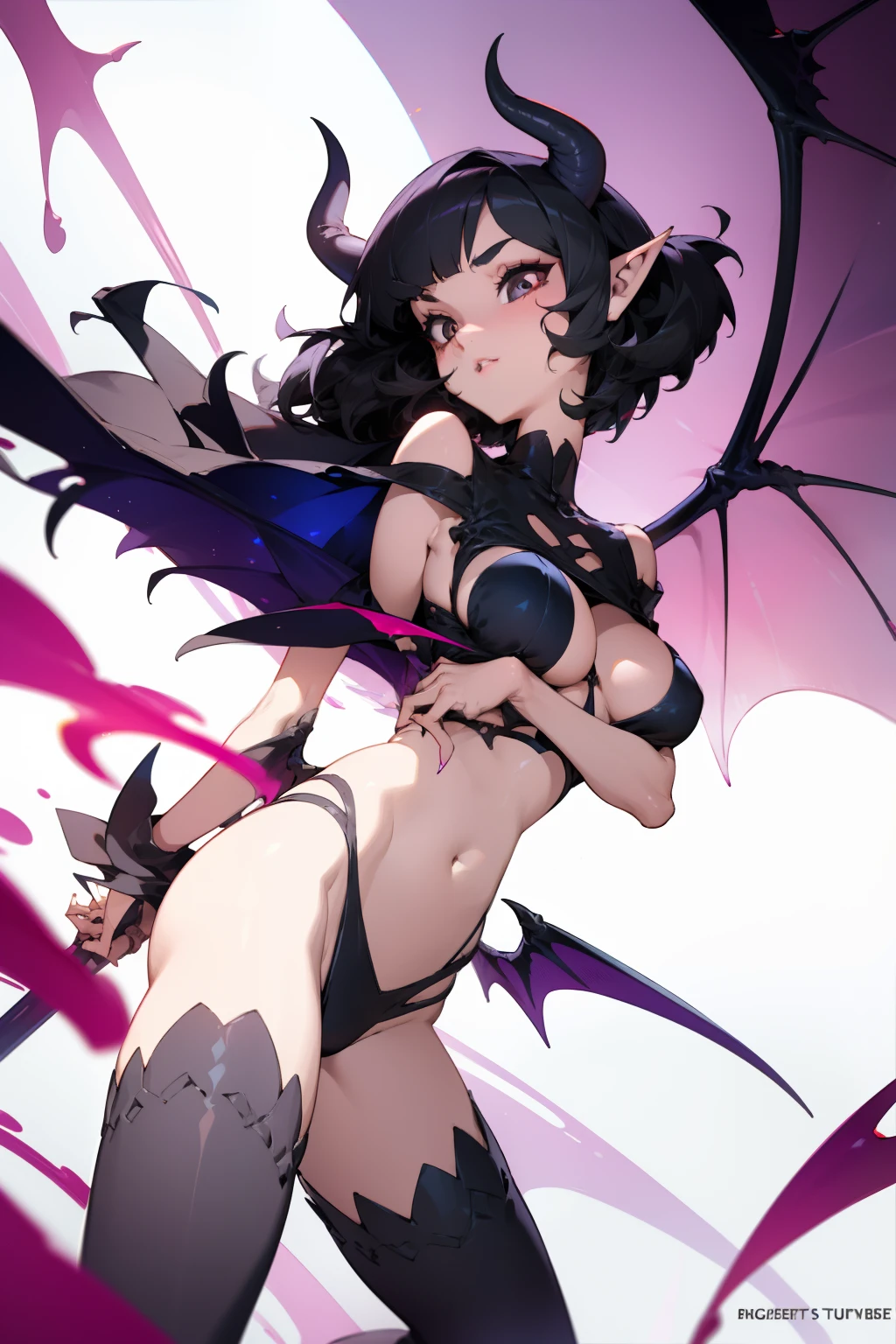 pointy ears，Bigboobs，Two legs，Over-the-knee stockings，（Princess cut hairstyle），short detailed hair，Sideburns have long hair，succubi，have demon wings，Bikini swimsuit，opening legs