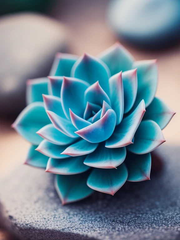 a blue succulent on the stone, hdr, ((complex detail, super detail)), cinematic footage, rich details, bokeh, sunsight behind,