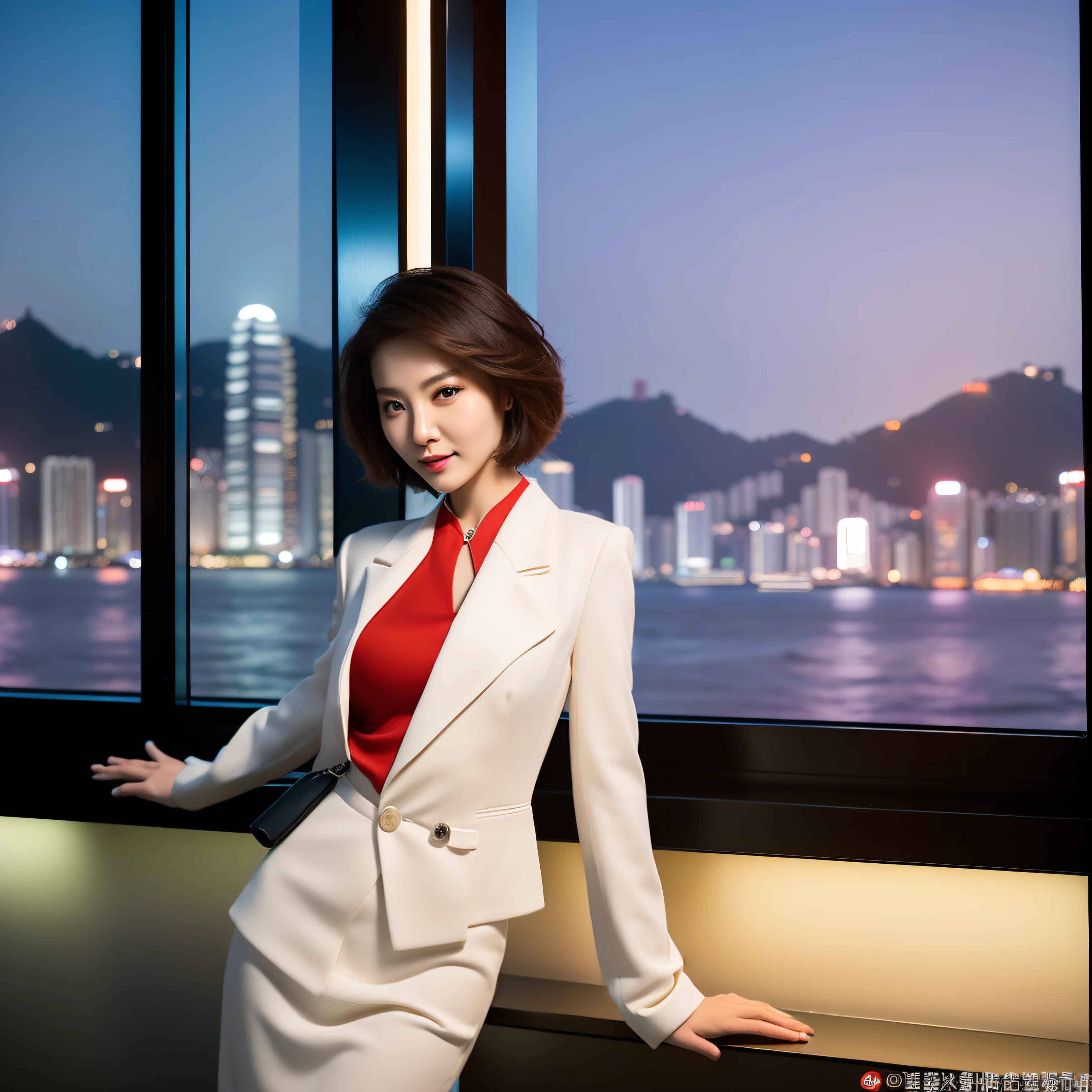 HD wallpaper pictures, Ultra-high-end fashion photo,One woman in a white suit:1.3 Super Stunning Super Stunning 30 Years Old Chinese Super Fashion Model Chinese Super Model Standing in a High-rise Office,((Extremely real and natural face:1.2,((Outside the window is the night view of the winding Hong Kong River)),slim figure slim figure, Very beautiful and gorgeous appearance,The background is the night view of Hong Kong, The elegant posture looking out the window is amazing, elegant fashion model,, Woman wearing elegant white western business suit, ((Exquisite short red hair:1.4)),Sony DSLR camera,fully body photo,Master masterpieces,电影灯光,Super stunning,3Drenderingof,ultra-realistic realism。