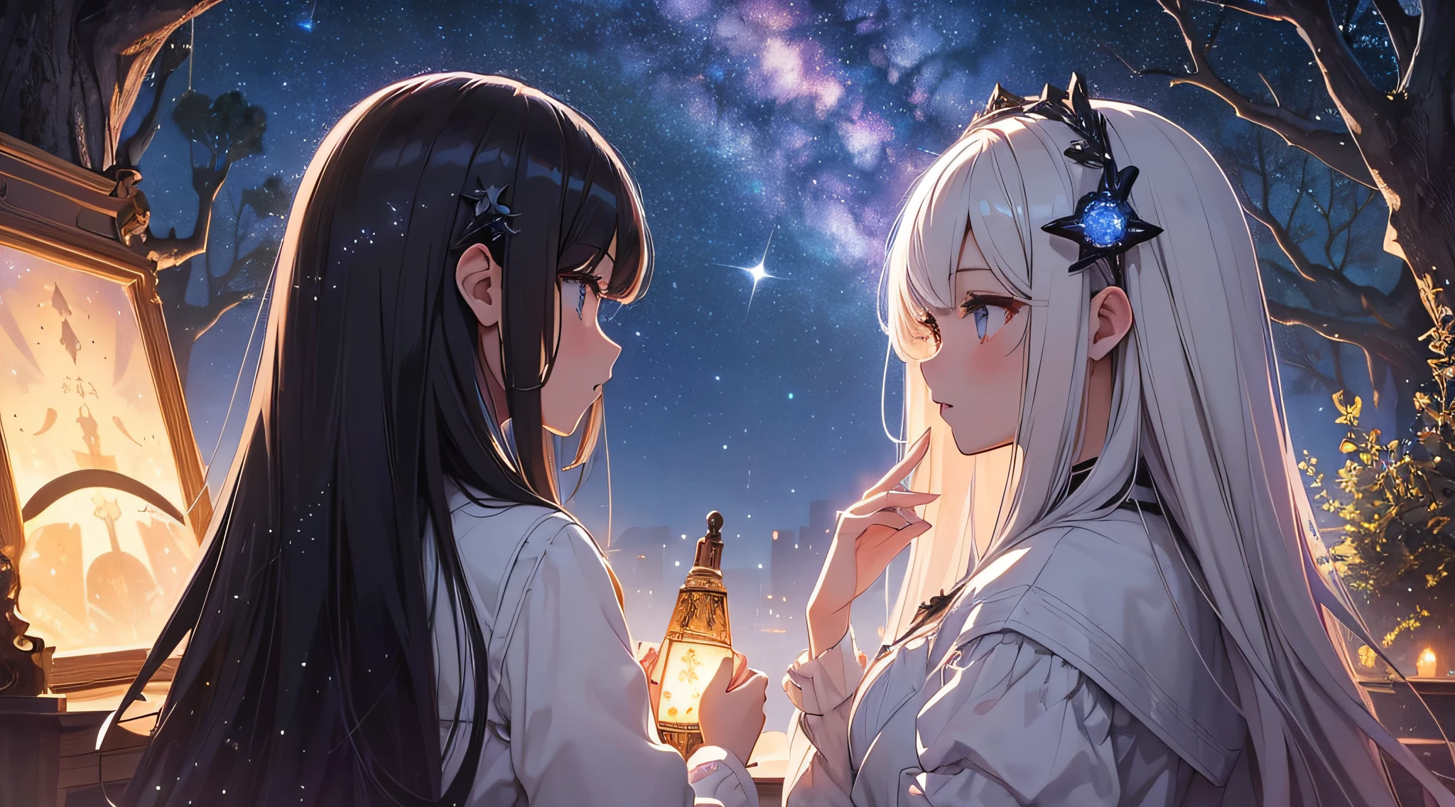 masterpiece、High Detailed Girls((a beauty girl、onepiece、Rear view、Highly detailed hair ornament、Twin-tailed))、Background with((Fantastic starry sky、meteors、black hole))、Depth((Giant Tree、Fantastic、Luminescent))、