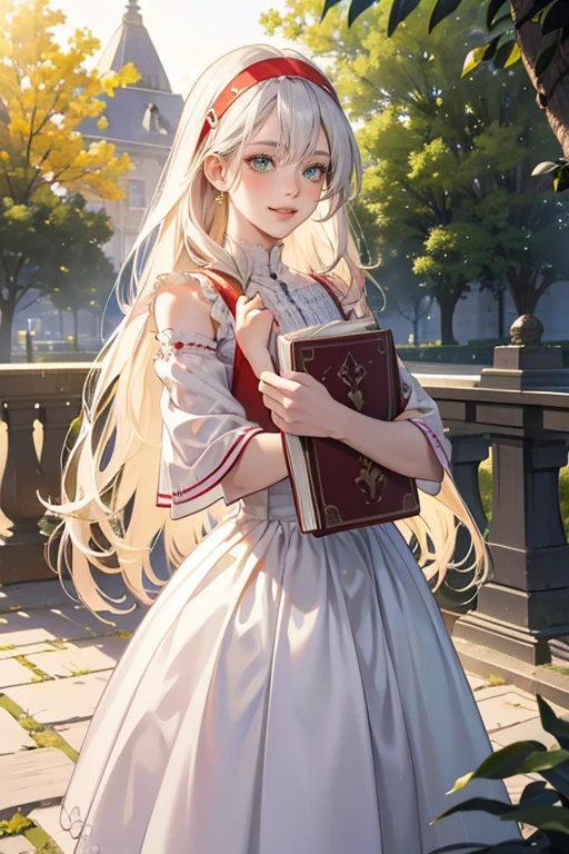 (tmasterpiece,high resolution，ultra - detailed:1.0),1 girl,(adult female), eyes looking to camera,Perfect female body, Delicate eyes and delicate face,Extremely detailed CG,Unity 8k wallpaper,Complicated details, solo person, Detailed face,,out door park,Flowers and trees,color difference, Depth of field,dramatic shadow, Ray tracing, Best quality, Cinematic lighting, official art, summer dress, sharp green eyes, very long flowing platinum blonde with a red headband, smiling at the viewer, holding a book, plump juicy lips, blushing, shy