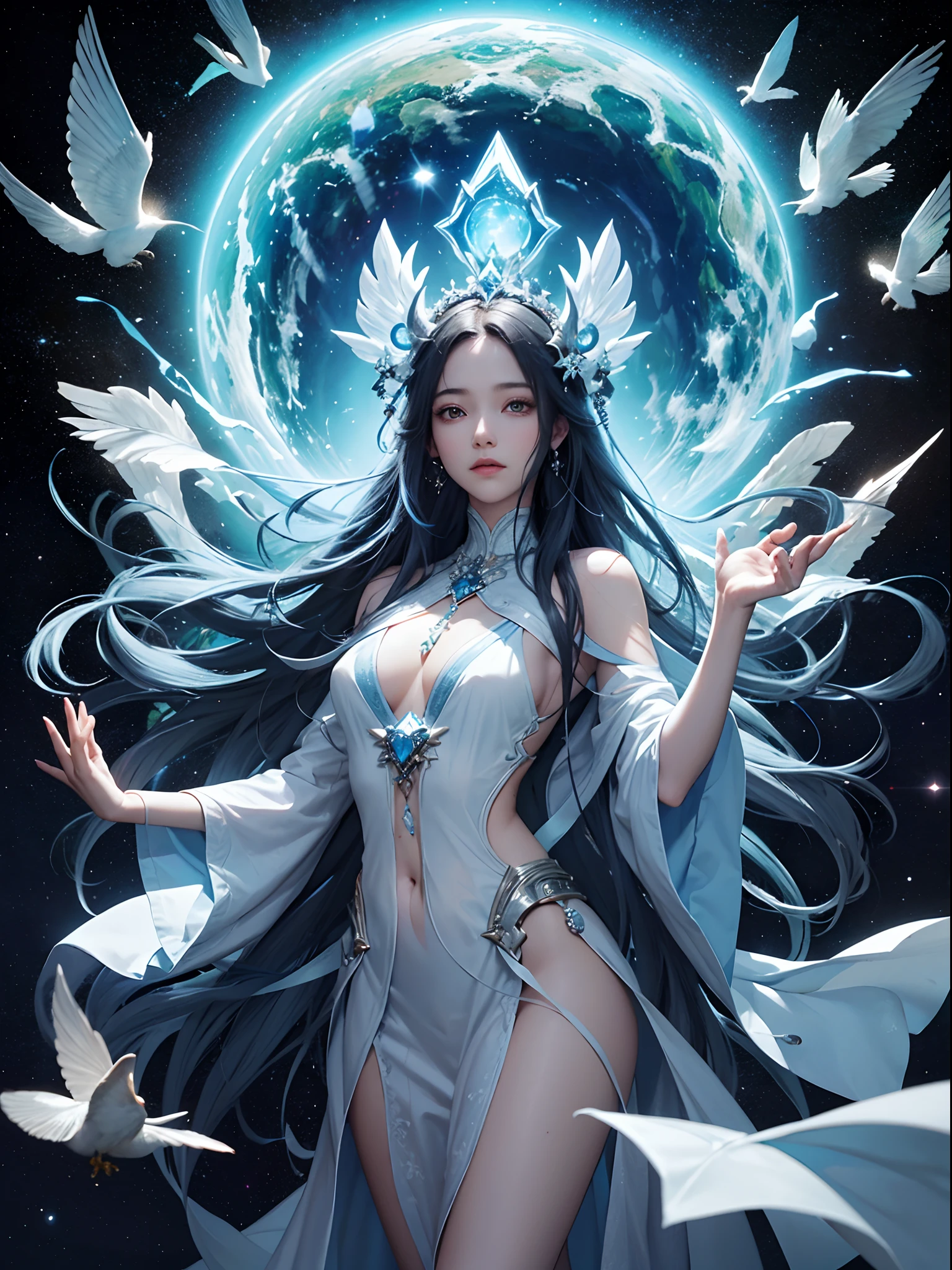 blue and white tones、top-quality、masterpiece、Official art、Perfect Angle、low angles、perfect-composition、full body Esbian、Stellar lumen、stele々Myths of、cosmic space、placenta、Foundation of Creation、star birth、stardust、Alpha and Omega、Mysteries of the universe、Silence、calmness、Magnificent、solemnity、Eternity is in the ephemeral、Cosmic Light、Beauty beyond human knowledge、primordial mother goddess、Life forms beyond human knowledge、abnormity、high head and body、Tall and lean、resolute、noble、Deities々Right、draconian、Absolute existence、wearing a robe