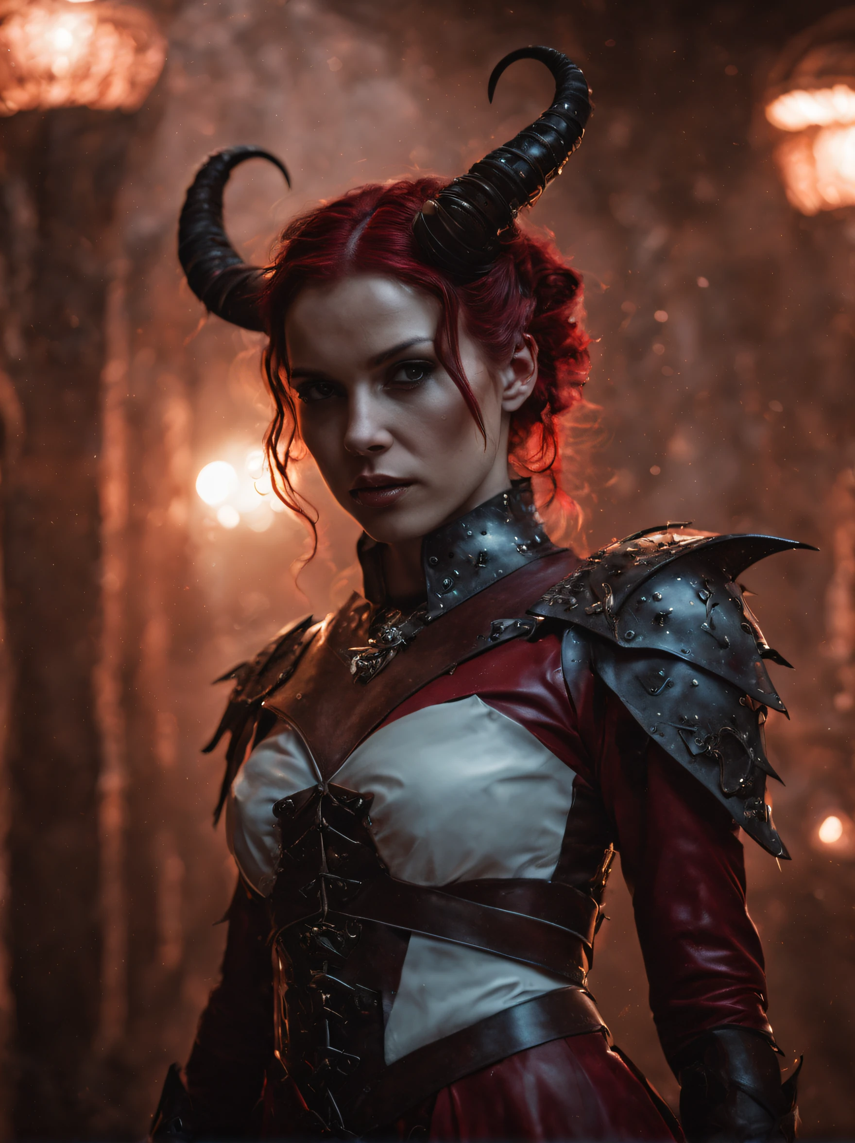 White Head Female, red warm skin tone,tiefling,standing in a haunted house , ethereal form, leather Armor,revealing dress, Fantasy Dream Art, mist silhouette, top view, light, mist, moody, fairy light vortices, windy, mysterious, orbs and fairy lights, glossy hair, earthy, vivid, light on face, cinematic, Film light, UHD, 16k