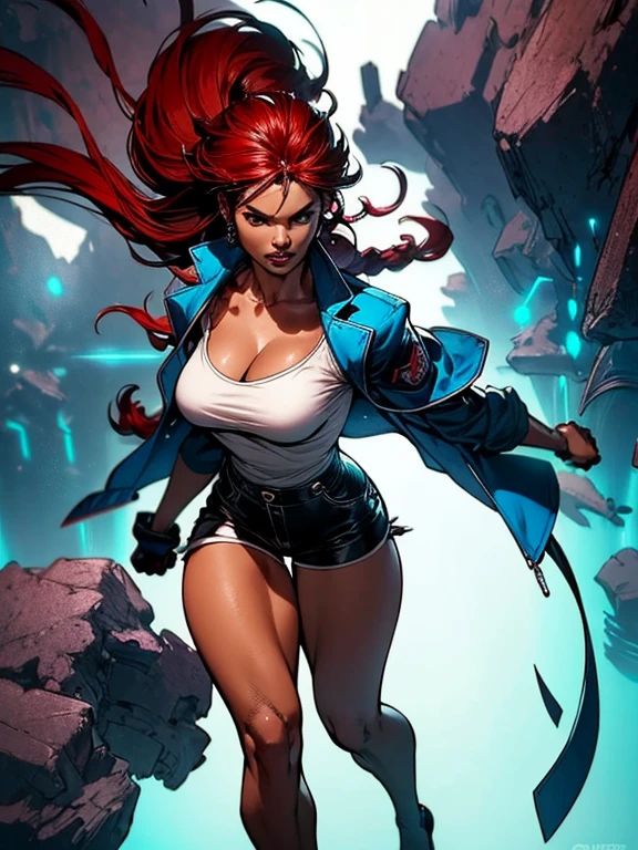 (masterpiece), (best quality:1.4), (perfect anatomy:1.4), high quality, expressive eyes, full body, detailed face, beautiful face, perfect face, 1 girl, breasts, cleavage, gloves, huge breasts, cyberpunk clothes, ultramarine jacket, very long hair, thigh length hair, ({dark skin}), dark-skinned female ,detailed ((red hair)), messy hair, green eyes, braid, gloves, jacket, hourglass physique, casual outfit, shorts, dynamic lighting, cityscape background