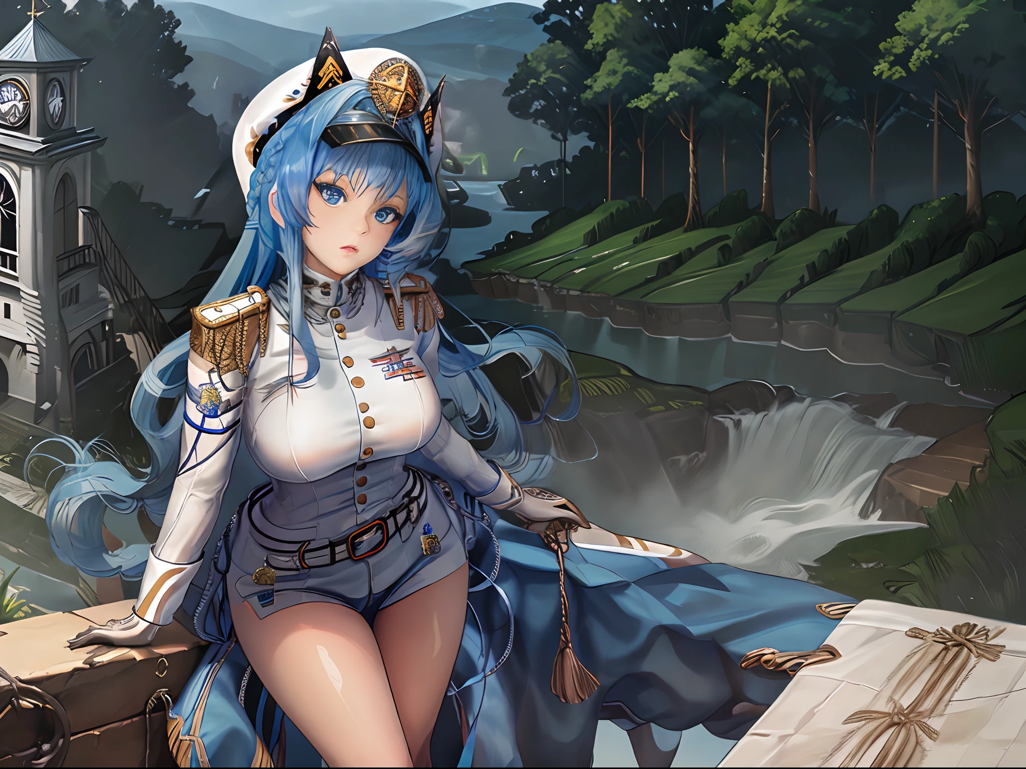 absurderes, (Best Quality), (masutepiece),(Ultra-detailed:1.2),(hight resolution),Elaborate, (Wide Shot,1girl in, Solo, The fantastic scenery,:1.3)
Helm, Blue eyes, Blue hair, Long hair, Bangs, Hair intake, military hat, shairband, breasts, Large breasts, Leather jacket, Miniskirt, Midriff, Abs, Outside, clock tower, candid modelshoot style,