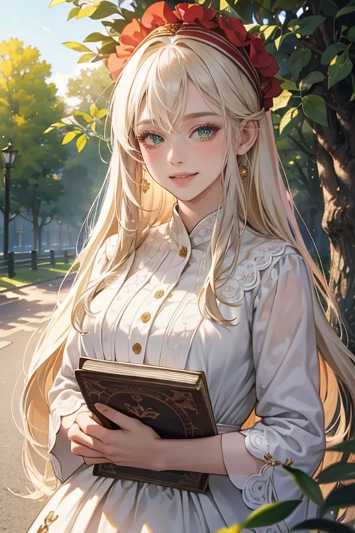 (tmasterpiece,high resolution，ultra - detailed:1.0),1 girl,(adult female, 26 years old), eyes looking to camera,Perfect female body, Delicate eyes and delicate face,Extremely detailed CG,Unity 8k wallpaper,Complicated details, solo person, Detailed face,,out door park,Flowers and trees,color difference, Depth of field,dramatic shadow, Ray tracing, Best quality, Cinematic lighting, official art, sexy floral dress, soft green eyes, very long flowing platinum blonde with a red headband, smiling at the viewer, holding a book, plump juicy lips, blushing, shy