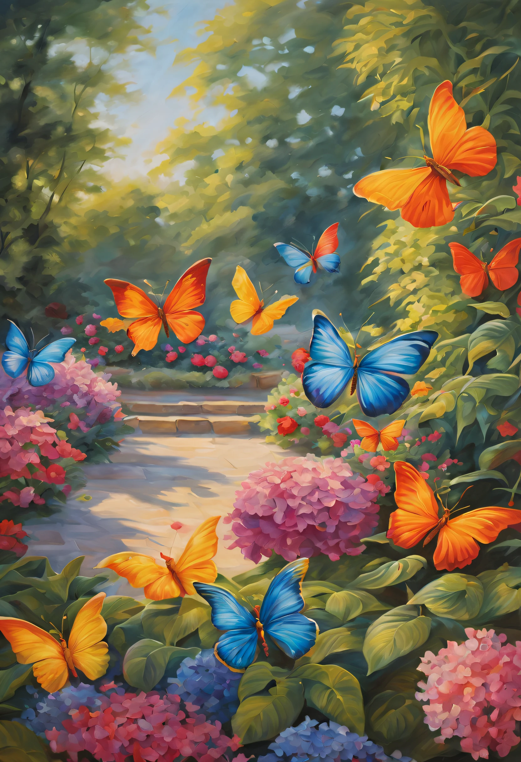 (a detailed and colorful oil painting),(a peaceful garden filled with blooming flowers),(vibrant colors and smooth brushstrokes),(realistic lighting and shadows),(butterflies fluttering around in the garden),(sunlight filtering through the leaves and casting a beautiful glow on the ground),(a serene and enchanting atmosphere),(the flowers portrayed with intricate details),(a picturesque depiction of nature's beauty),(a mesmerizing display of vibrant hues and delicate petals),(an immersive artwork that transports viewers into a tranquil oasis),(the artist's mastery captured in every stroke),(a captivating blend of realism and artistic interpretation),(the vibrant dance of butterflies adding a touch of whimsy),(the garden coming to life with the vividness and dynamism of the painting),(a breathtaking piece that evokes a sense of serenity and wonder).