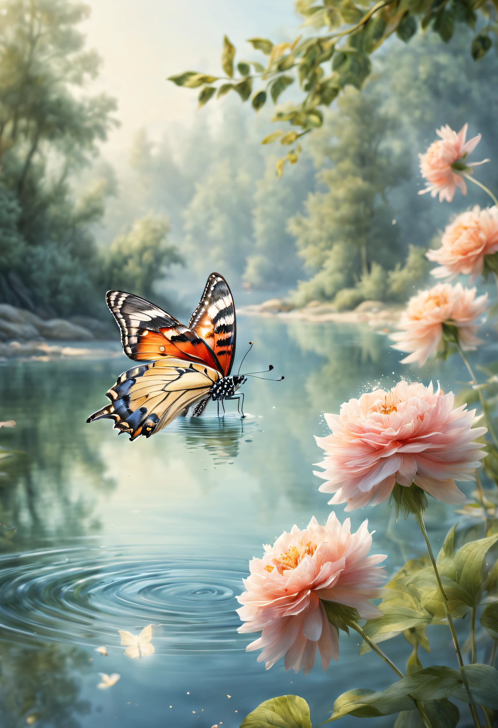 (best quality,4k,8k,highres,masterpiece:1.2),ultra-detailed,(realistic,photorealistic,photo-realistic:1.37),watercolor painting,a lakeside,butterflies,delicate brushstrokes,tranquil scene,glittering water,fluttering butterflies,natural ambiance,vivid colors,soothing atmosphere,graceful movement,ethereal beauty,sunlit charm,splashes of color,soft hues,serene reflection,pristine nature,subtle textures,light and airy composition,blending transparency,whimsical patterns,peaceful coexistence,dancing strokes,graceful arcs,nature's symphony,harmonious balance,dream-like quality,sublime tranquility,gentle elegance,lighthearted moments,joyful spirits。