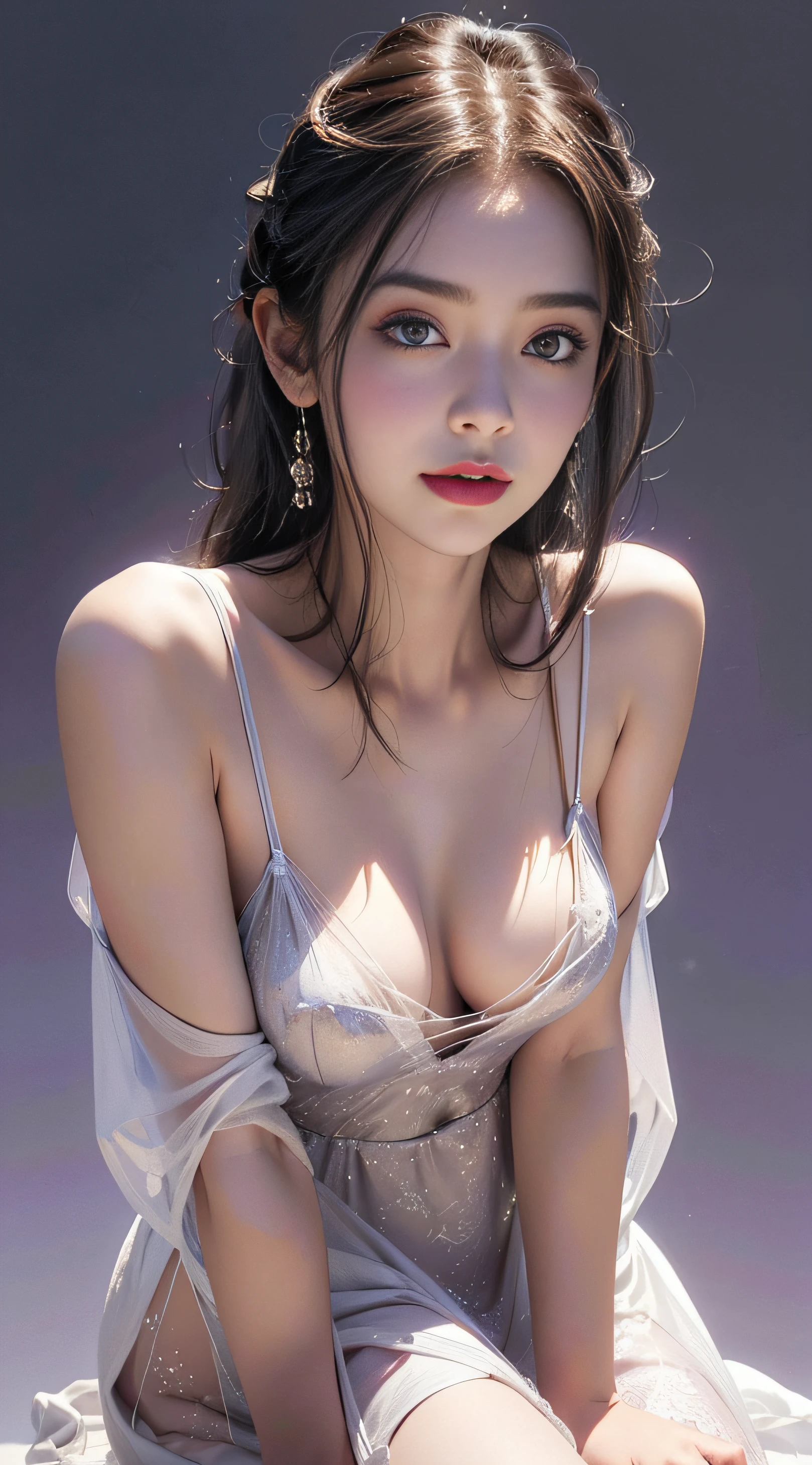 photo of a 18 y.o girl, beautiful vintage color, (photorealistic, high resolution:1.4), ((puffy eyes)), looking at viewer, , full body (8k, RAW photo, best quality, masterpiece:1.2), (realistic, photo-realistic:1.37), (sharp focus:1.2), professional lighting, photon mapping, radiosity, physically-based rendering, (pale skin), (small breasts:1.275), looking at viewer, (middle hair:1.05), portrait, purple eyes, (sliver hair:1.1), bangs, (simple background:1.4), solo, upper body, (shiny skin:0.7), fashion girl, makeup, smile(skinny, closed mouth,shy:1.3), (see-through:1.05), (slip dress:1.47), standing, medium bust, sexy pose, (NSFW:1.05),