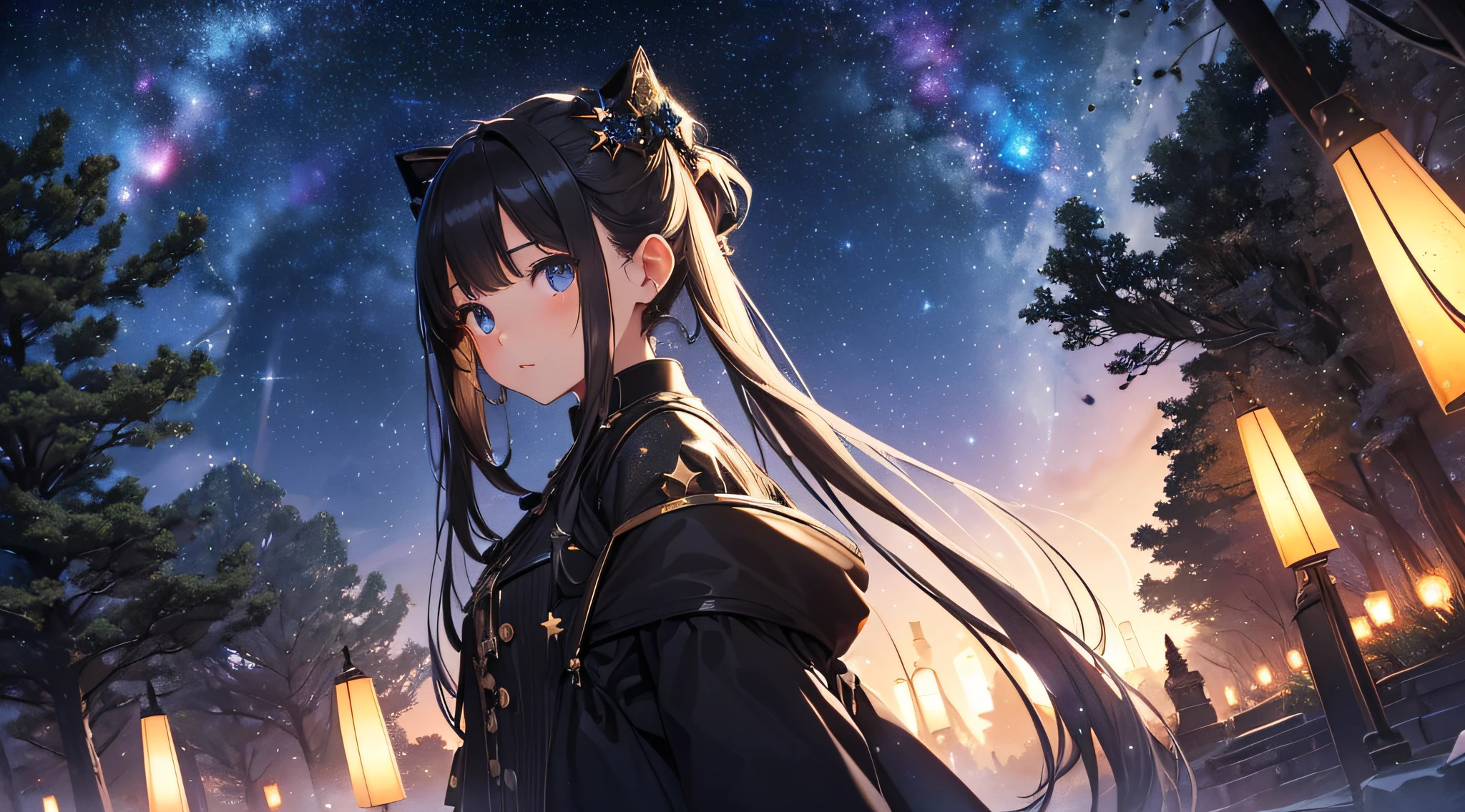 masterpiece、High Detailed Girls((a beauty girl、doress、Highly detailed hair ornament、pigtails))、Background with((Fantastic starry sky、meteors、black hole))、Depth((Giant Tree、Fantastic、Luminescent))、